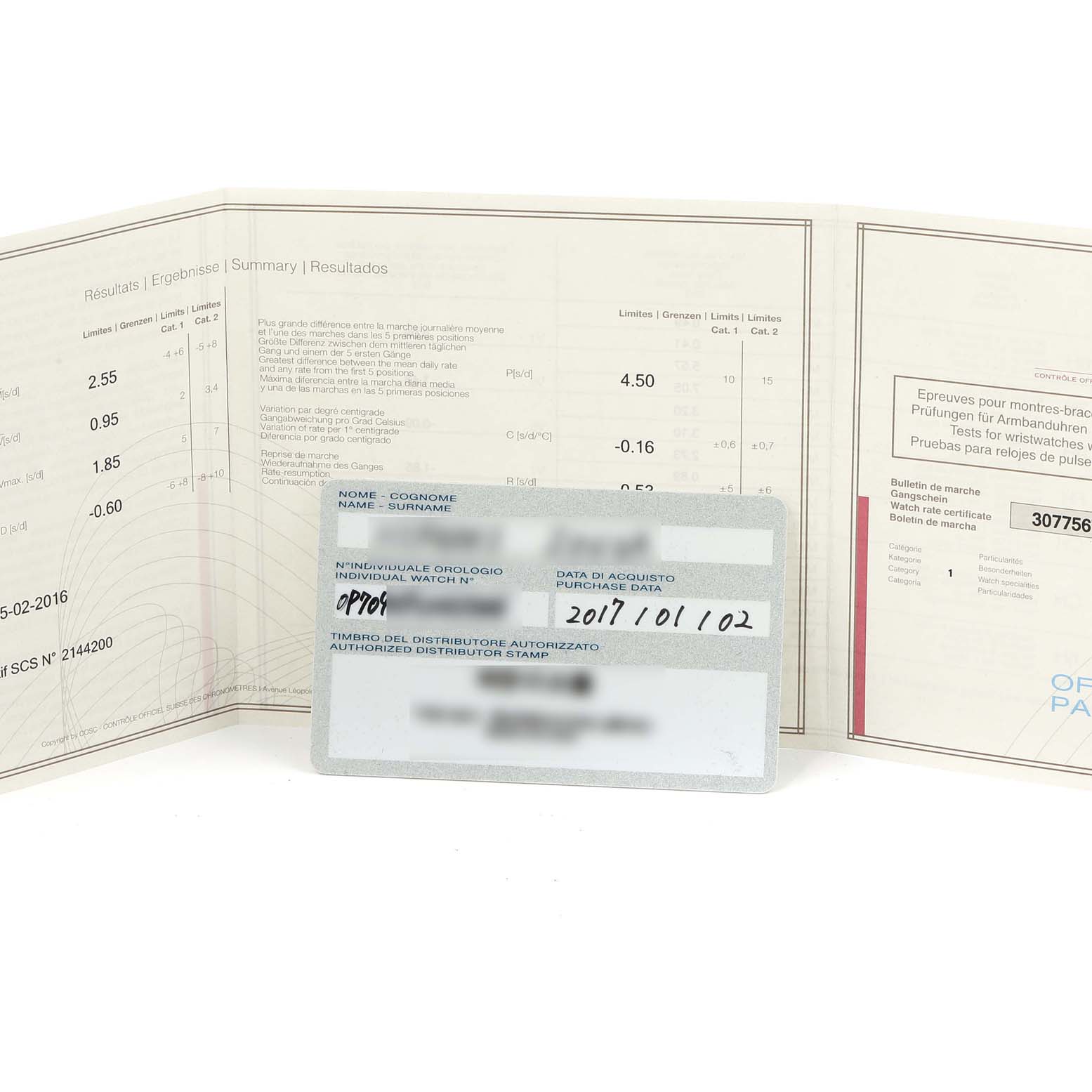 The image shows the warranty card and documentation for a Panerai Luminor PAM00632 Men's Stainless Steel Brown Dial PAM00632 Men's Stainless Steel Brown Dial watch.