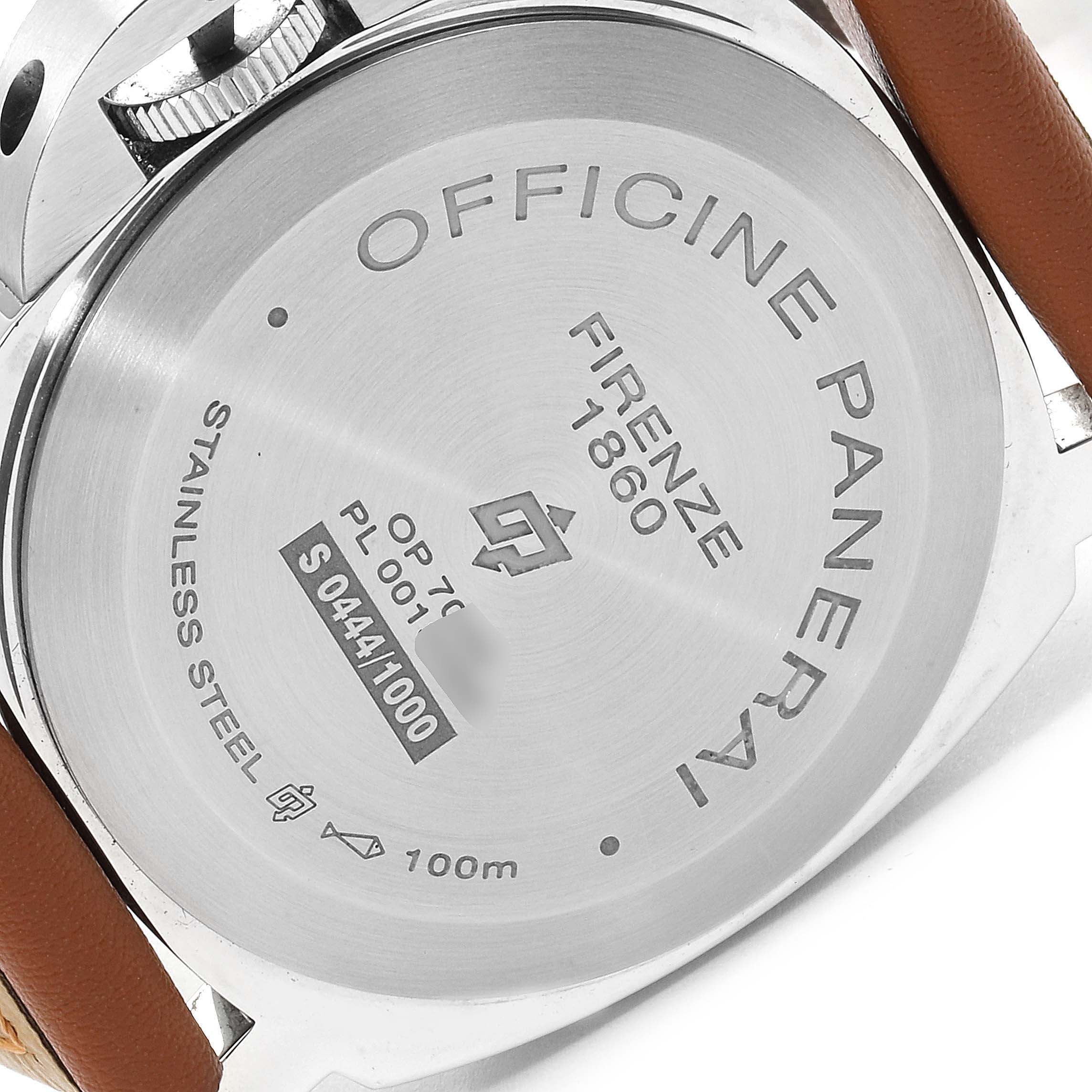 The image shows the back cover of a Panerai Luminor PAM00632 Men's Stainless Steel Brown Dial PAM00632 Men's Stainless Steel Brown Dial watch, displaying inscriptions and a portion of the leather strap.
