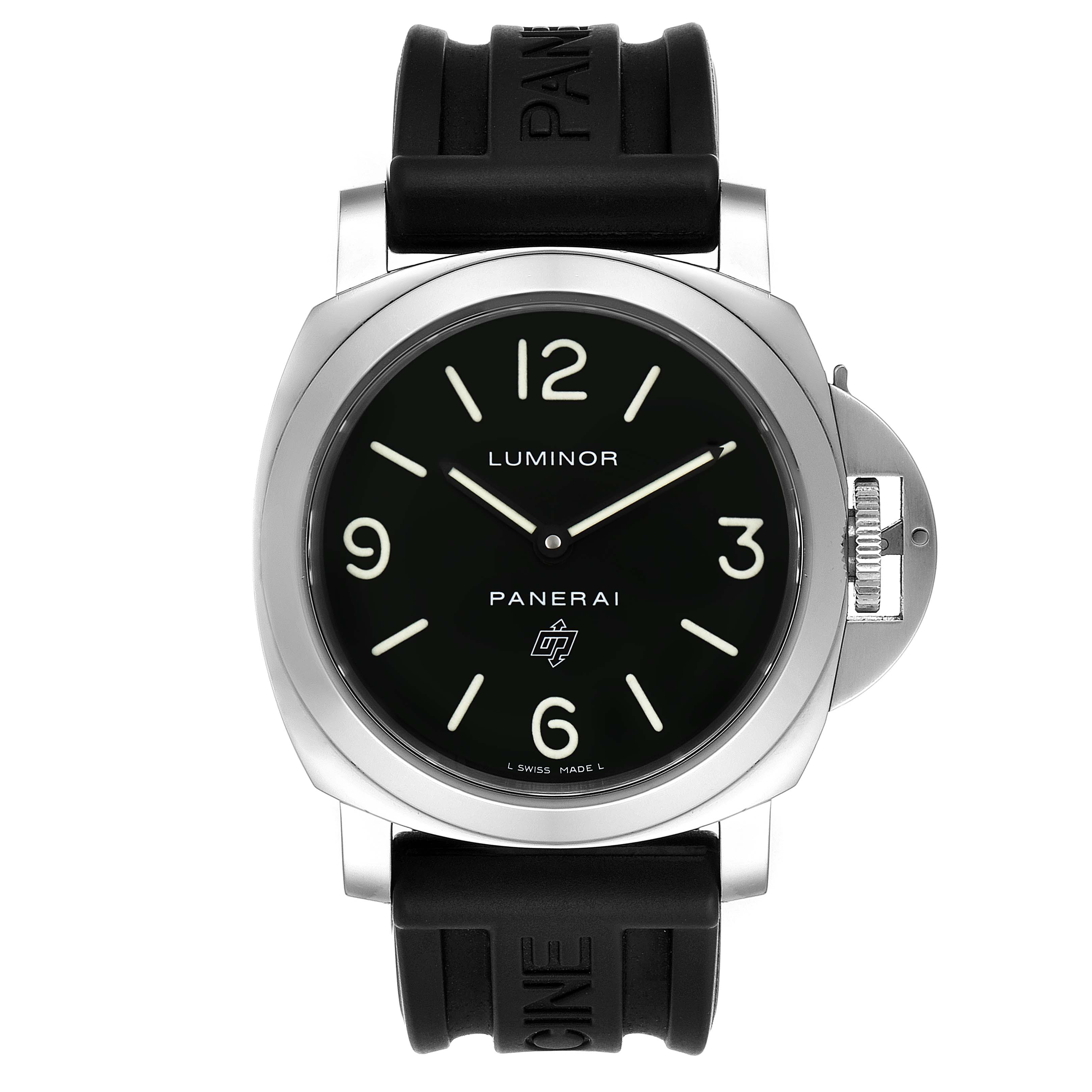 The Panerai Luminor PAM00000 Men's Stainless Steel Black Dial PAM00000 Men's Stainless Steel Black Dial watch is shown from the front, displaying its dial, bezel, crown, and rubber strap.