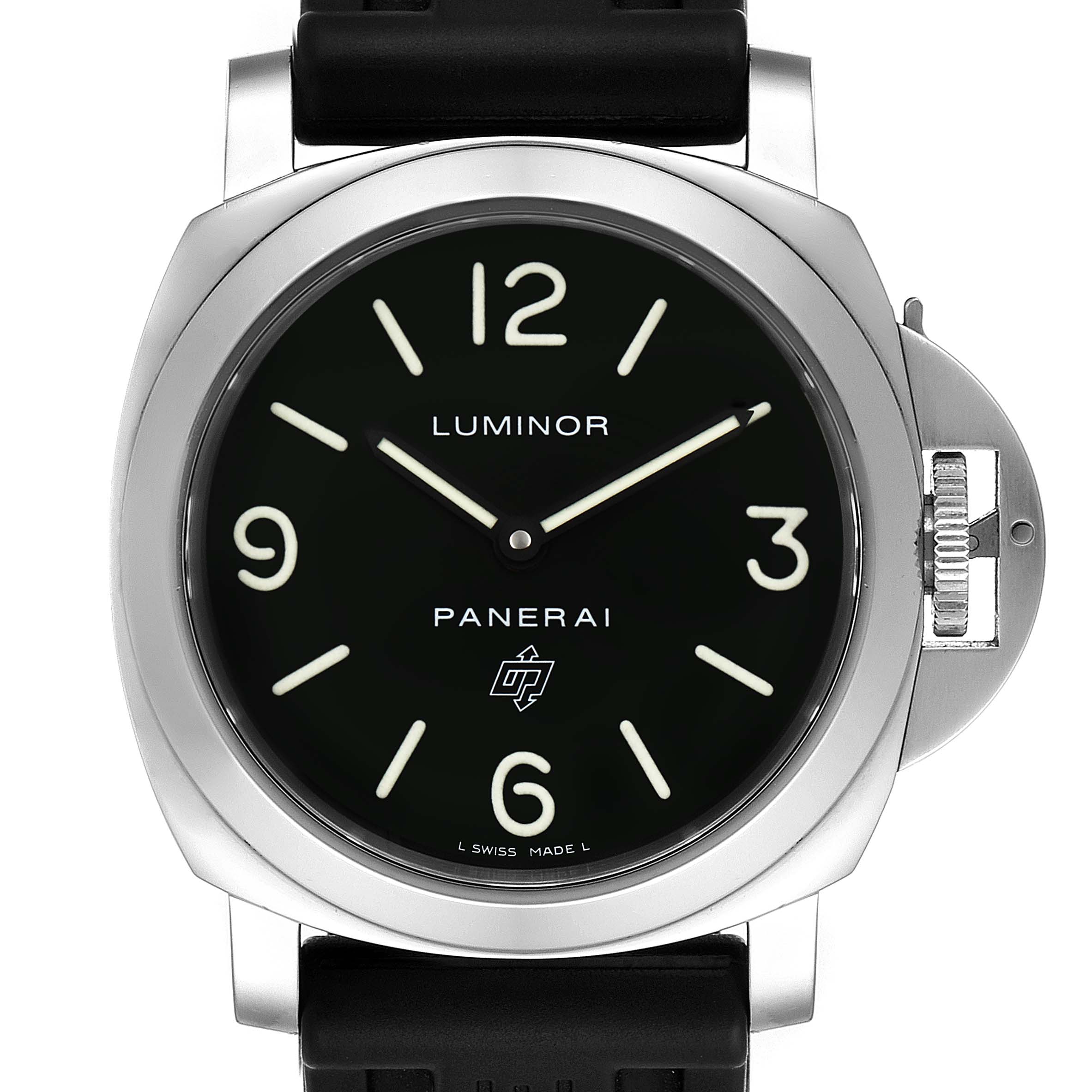 This image shows a front view of the Panerai Luminor PAM00000 Men's Stainless Steel Black Dial PAM00000 Men's Stainless Steel Black Dial watch, focusing on its face, case, and crown guard.