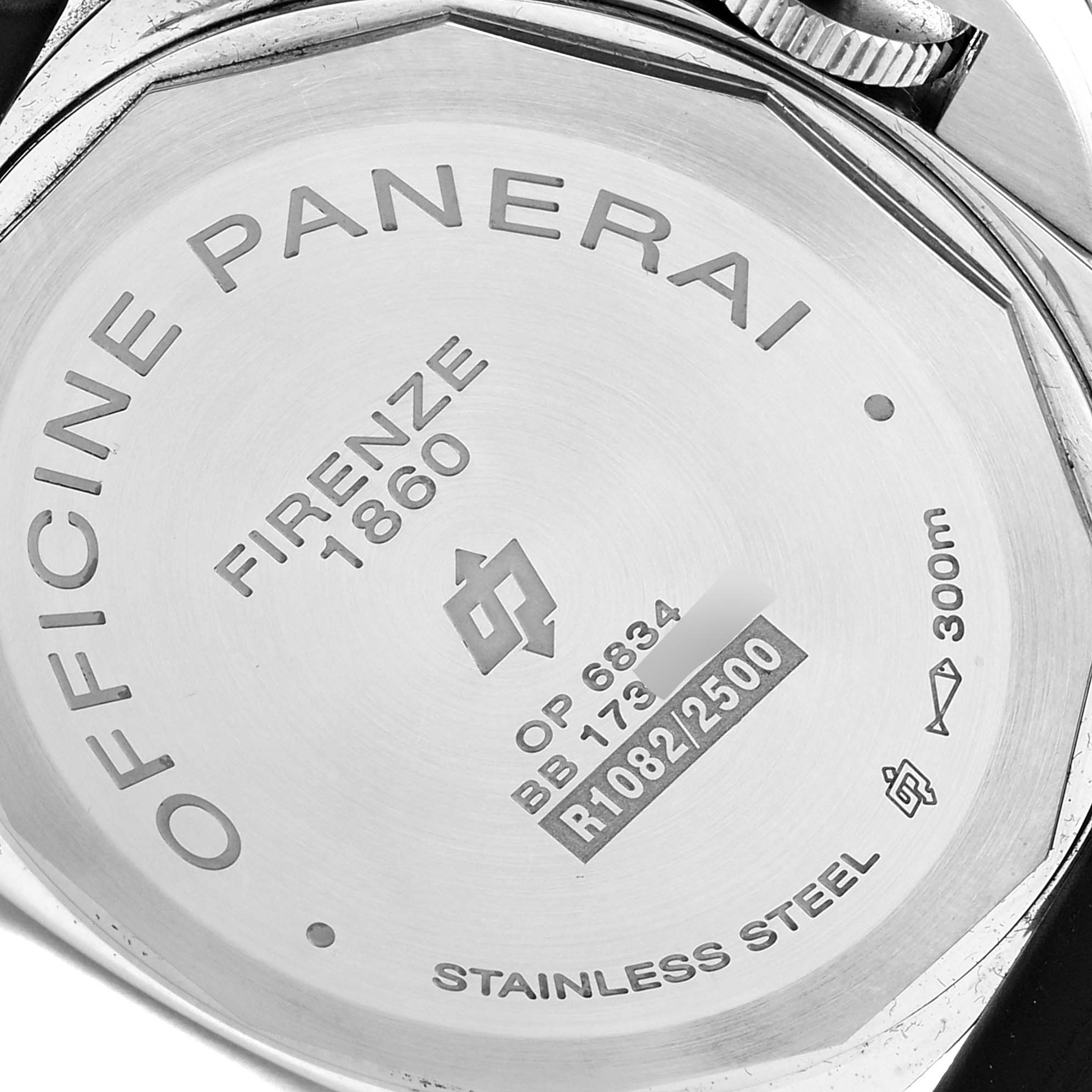 This is the case back of a Panerai Luminor PAM00000 Men's Stainless Steel Black Dial PAM00000 Men's Stainless Steel Black Dial watch, showing model details and engravings.