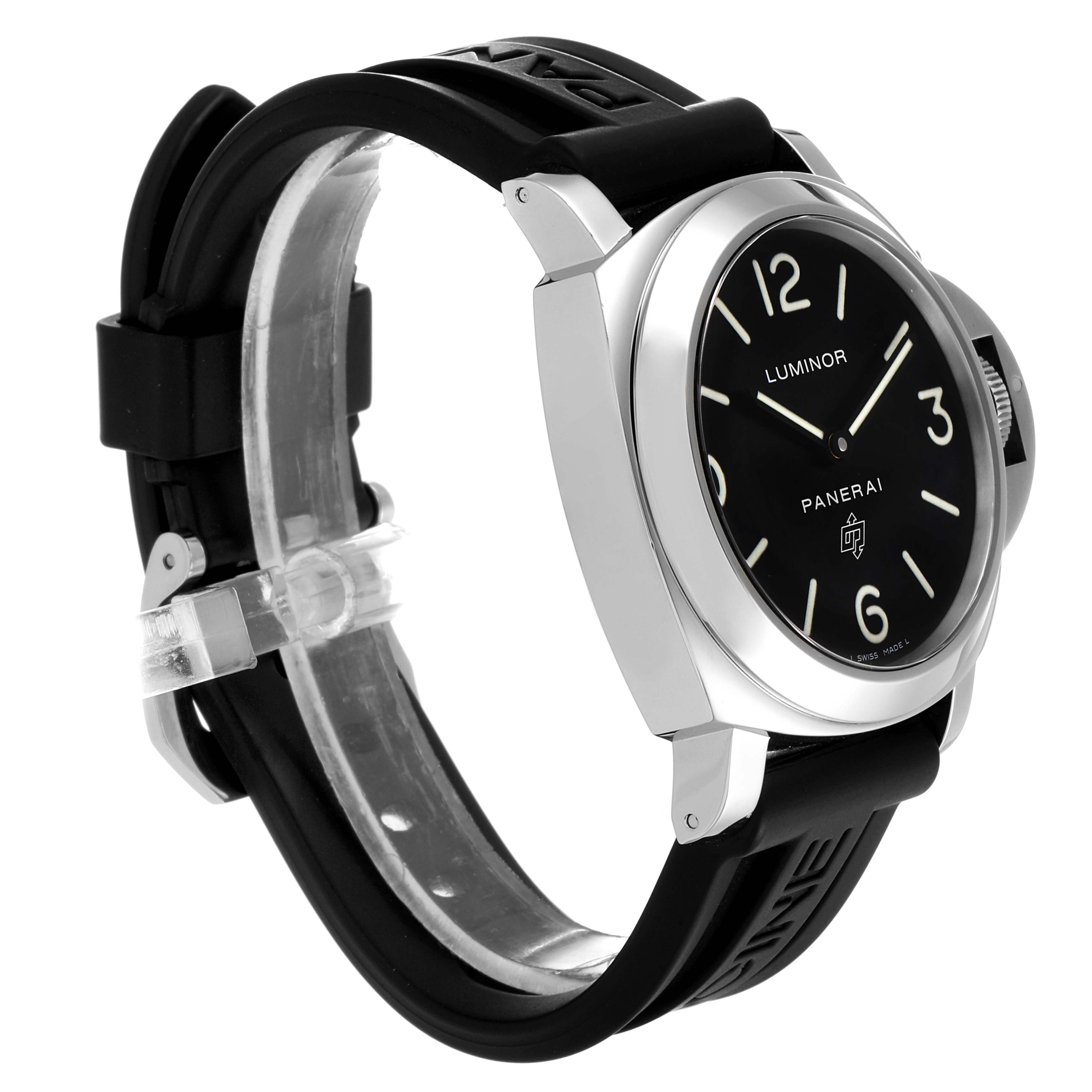 The image shows the Panerai Luminor PAM00000 Men's Stainless Steel Black Dial PAM00000 Men's Stainless Steel Black Dial watch from a side angle, highlighting its case, dial, and black rubber strap.