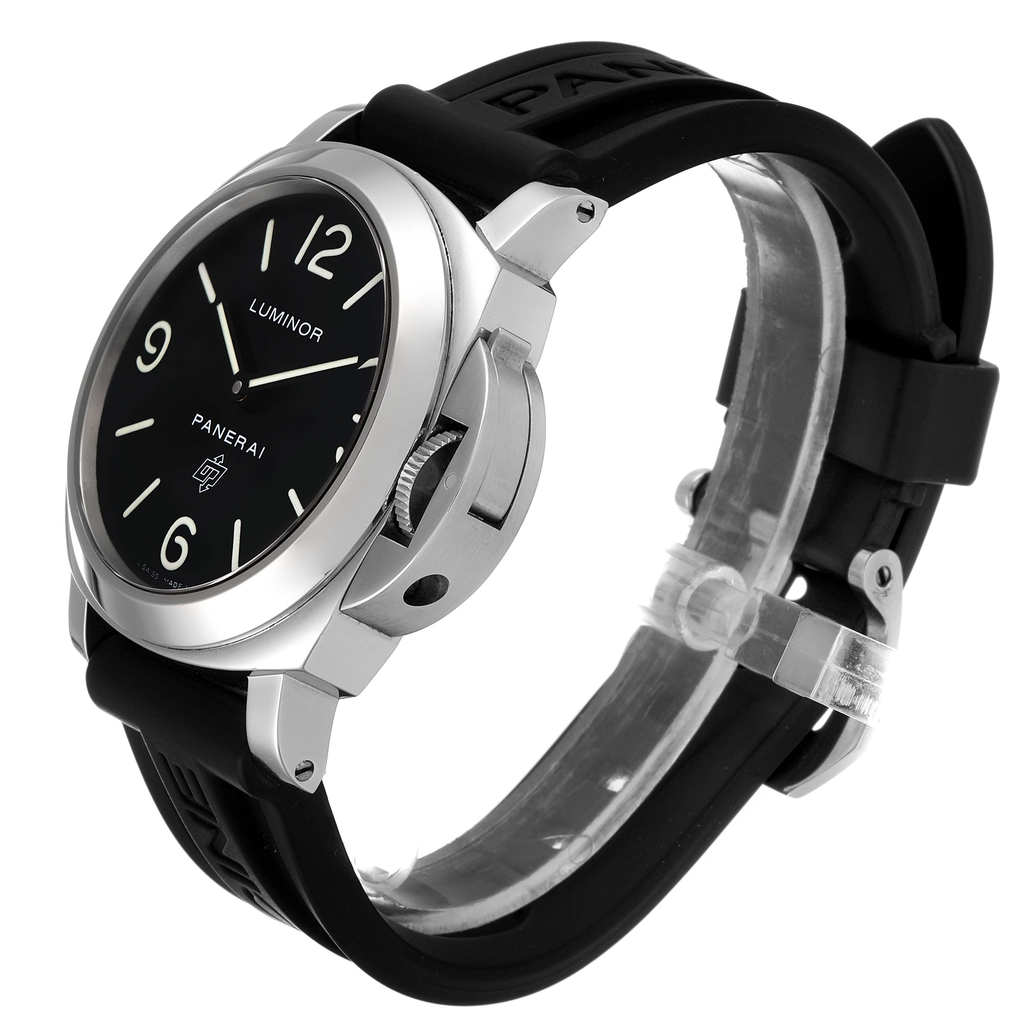 The image shows a Panerai Luminor PAM00000 Men's Stainless Steel Black Dial PAM00000 Men's Stainless Steel Black Dial watch at a three-quarter angle, highlighting the face, crown guard, and black strap.
