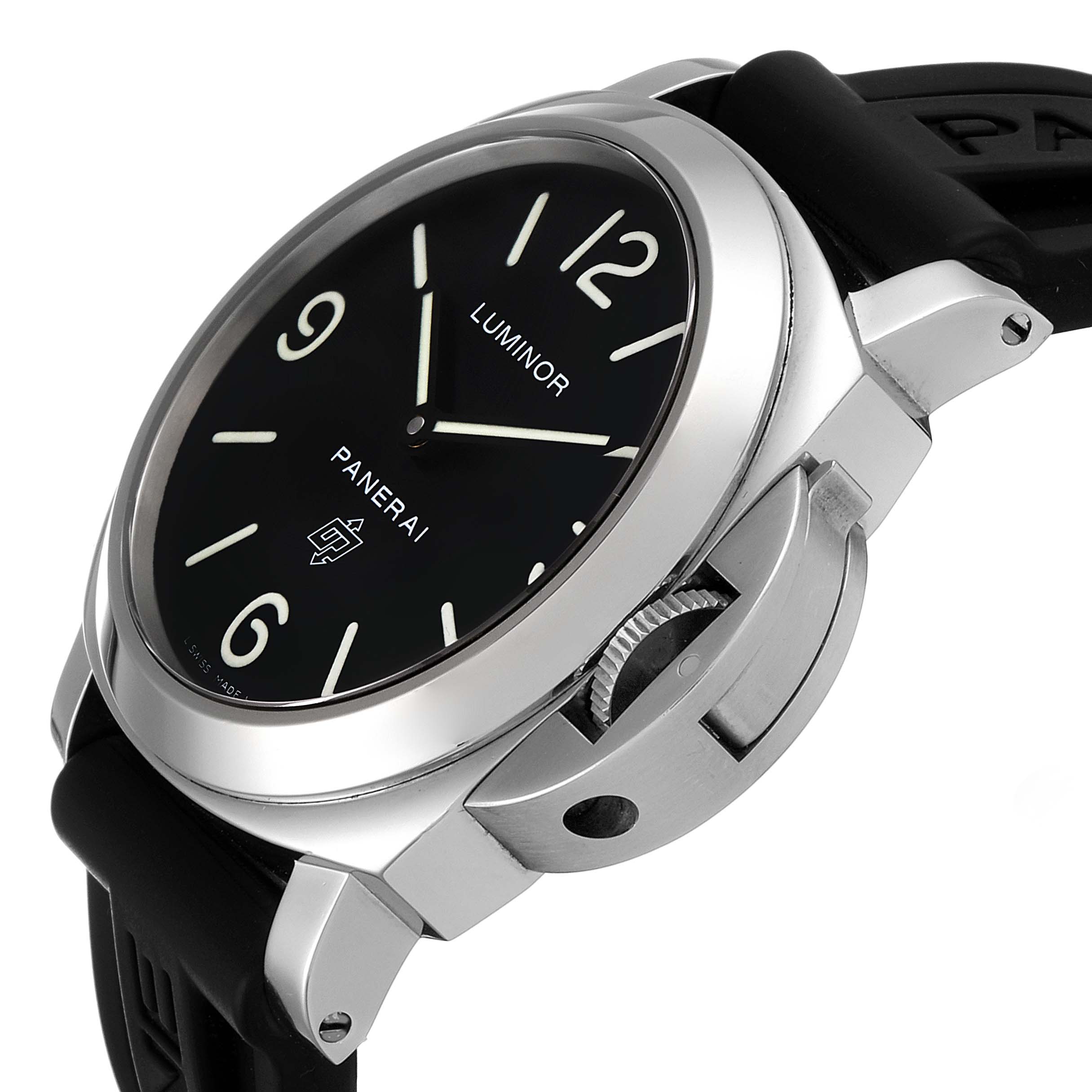 The image shows a Panerai Luminor PAM00000 Men's Stainless Steel Black Dial PAM00000 Men's Stainless Steel Black Dial watch at an angled close-up, highlighting the dial, bezel, crown guard, and part of the strap.