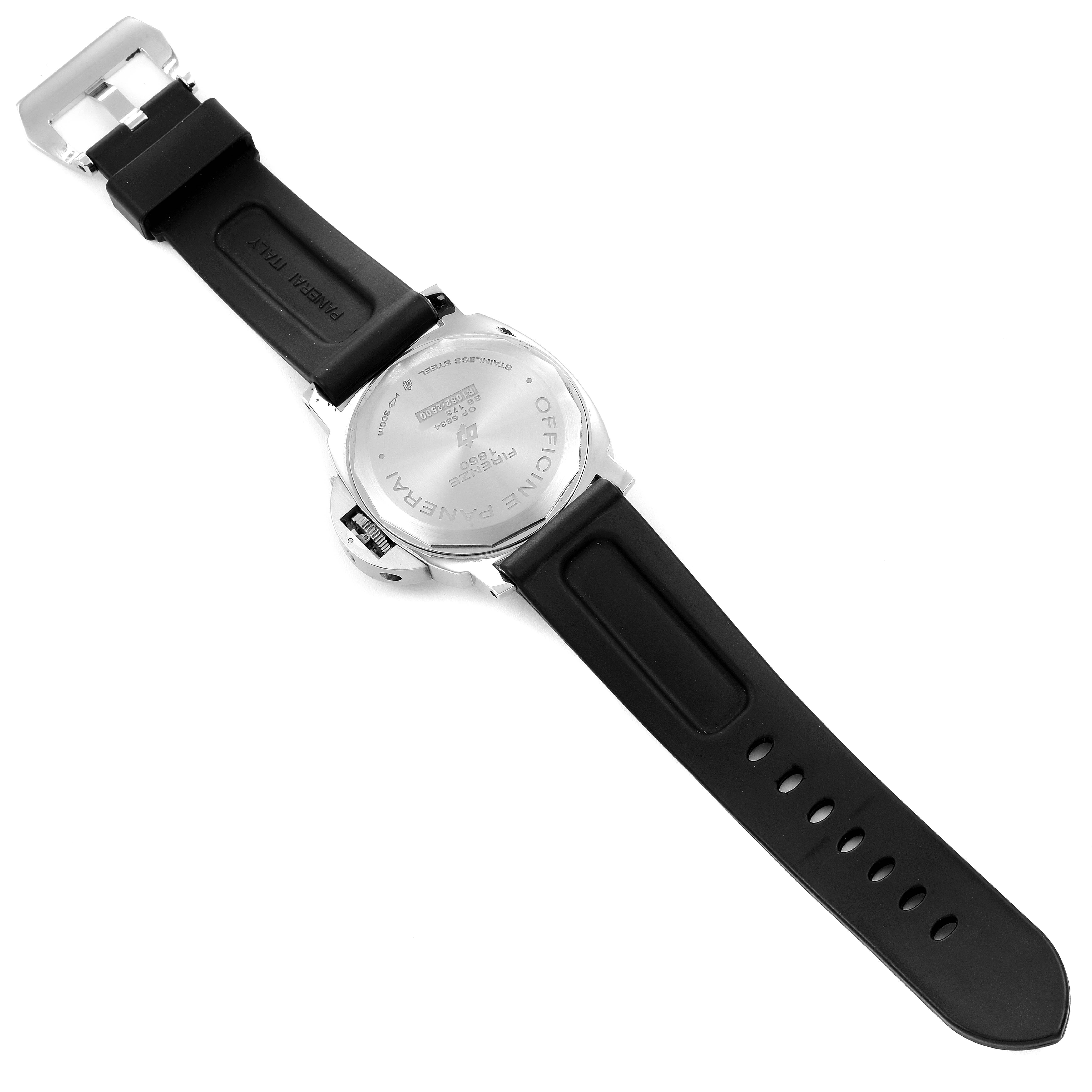 The image shows the back view of a Panerai Luminor PAM00000 Men's Stainless Steel Black Dial PAM00000 Men's Stainless Steel Black Dial watch along with its black rubber strap and buckle.