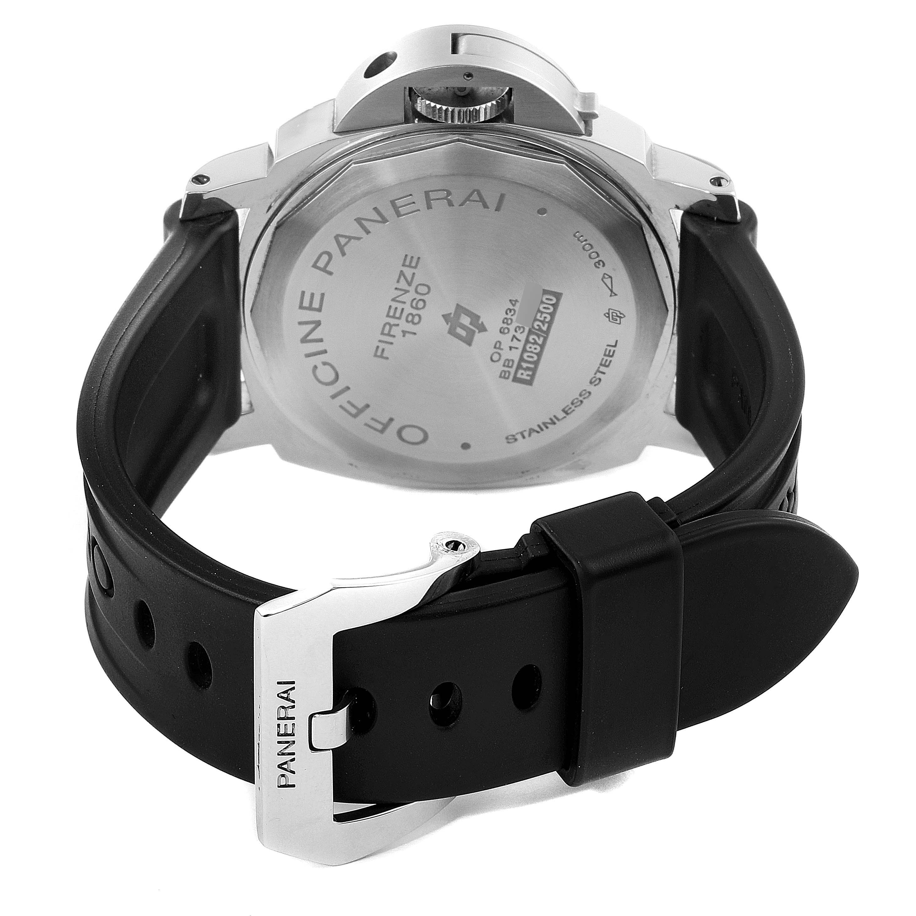The image shows the back view of a Panerai Luminor PAM00000 Men's Stainless Steel Black Dial PAM00000 Men's Stainless Steel Black Dial watch, highlighting its case back and rubber strap with a clasp.