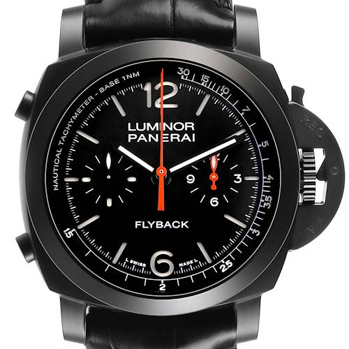 The image shows a front view of a Panerai Luminor PAM01298 Men's Titanium Black Dial watch, highlighting the dial, subdials, crown guard, and strap.