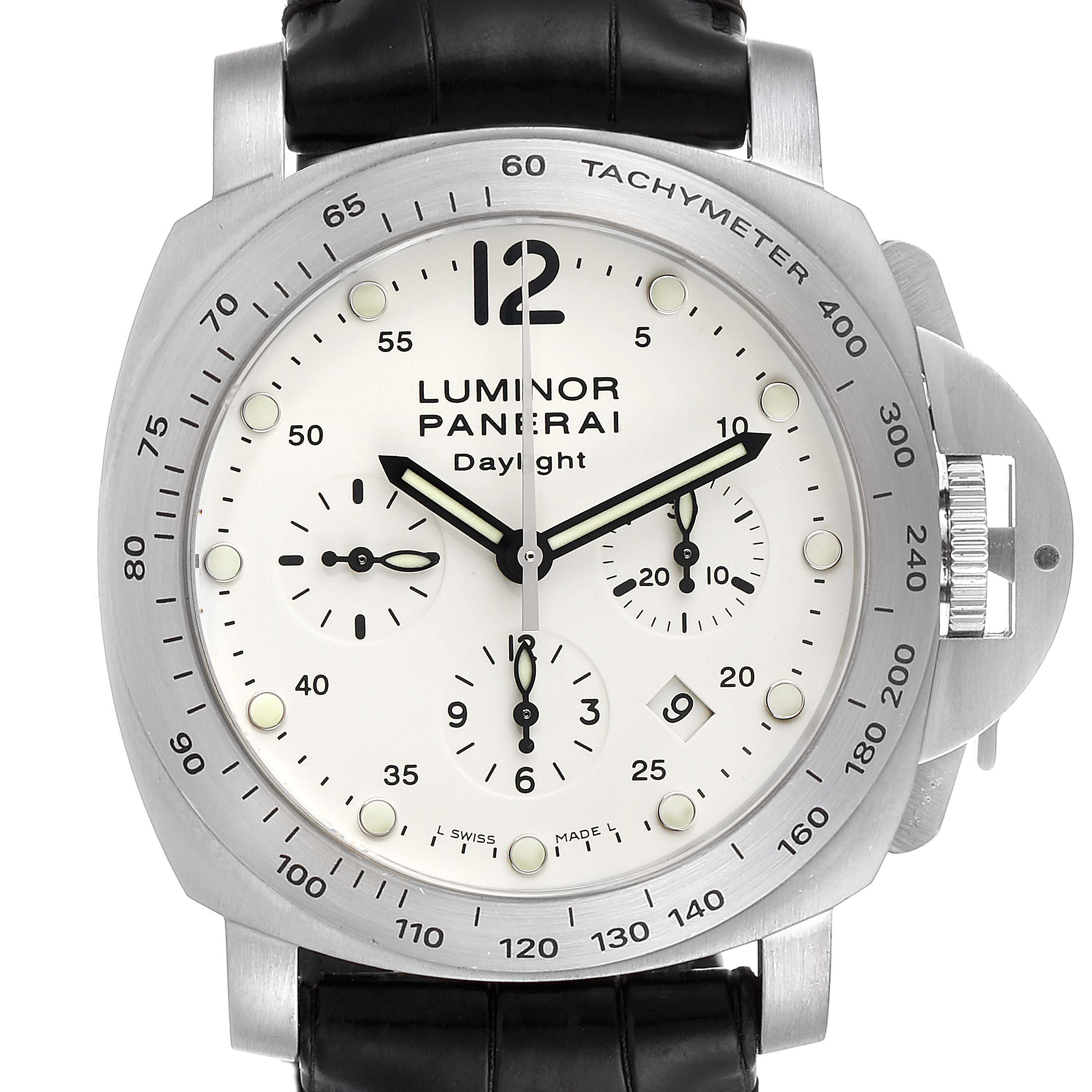 The image shows a front view of the Panerai Luminor PAM00251 Men's Stainless Steel Beige Dial PAM00251 Men's Stainless Steel Beige Dial model watch with a white dial and black leather strap.