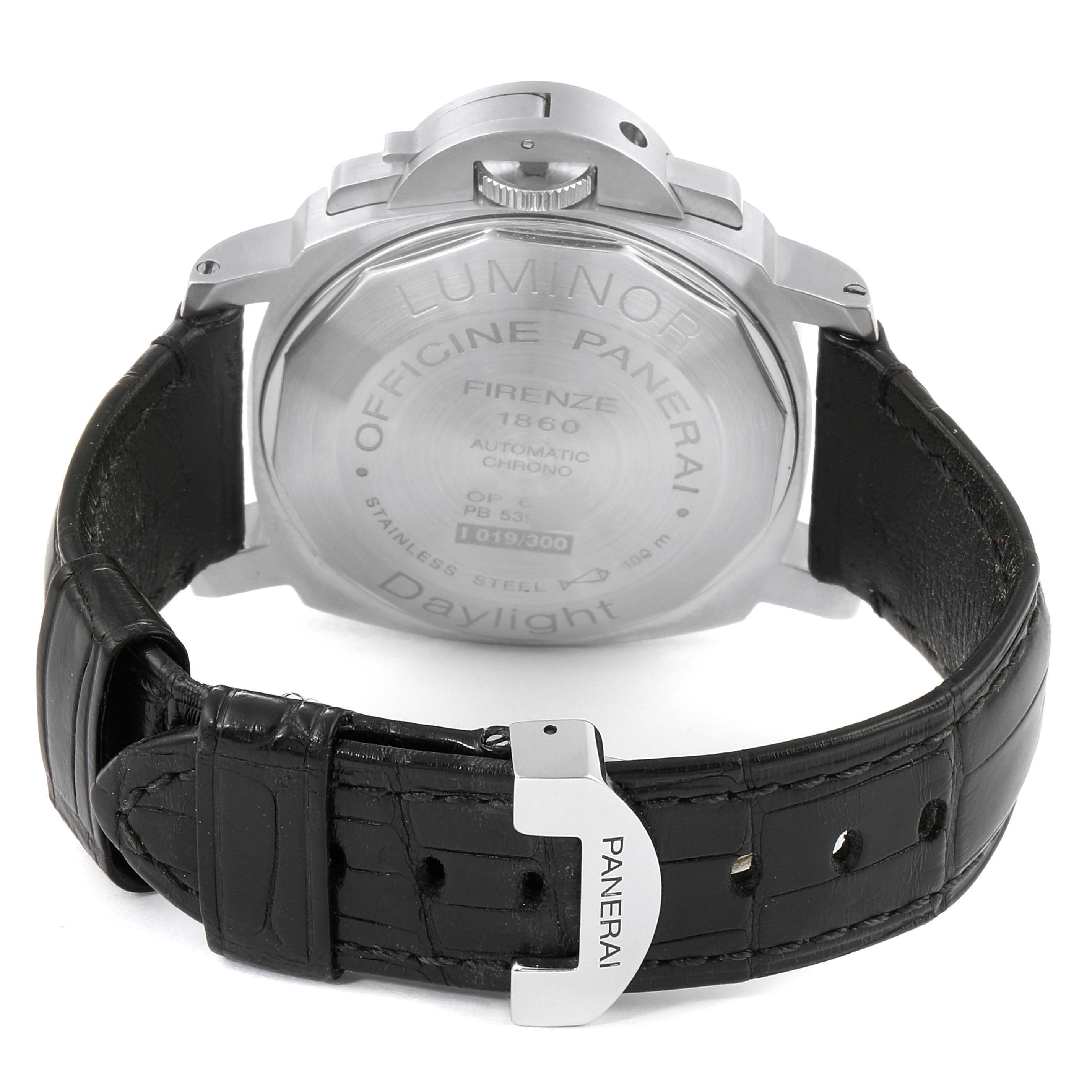 The image shows the back case and leather strap of a Panerai Luminor PAM00251 Men's Stainless Steel Beige Dial PAM00251 Men's Stainless Steel Beige Dial watch with visible engravings on the case back.