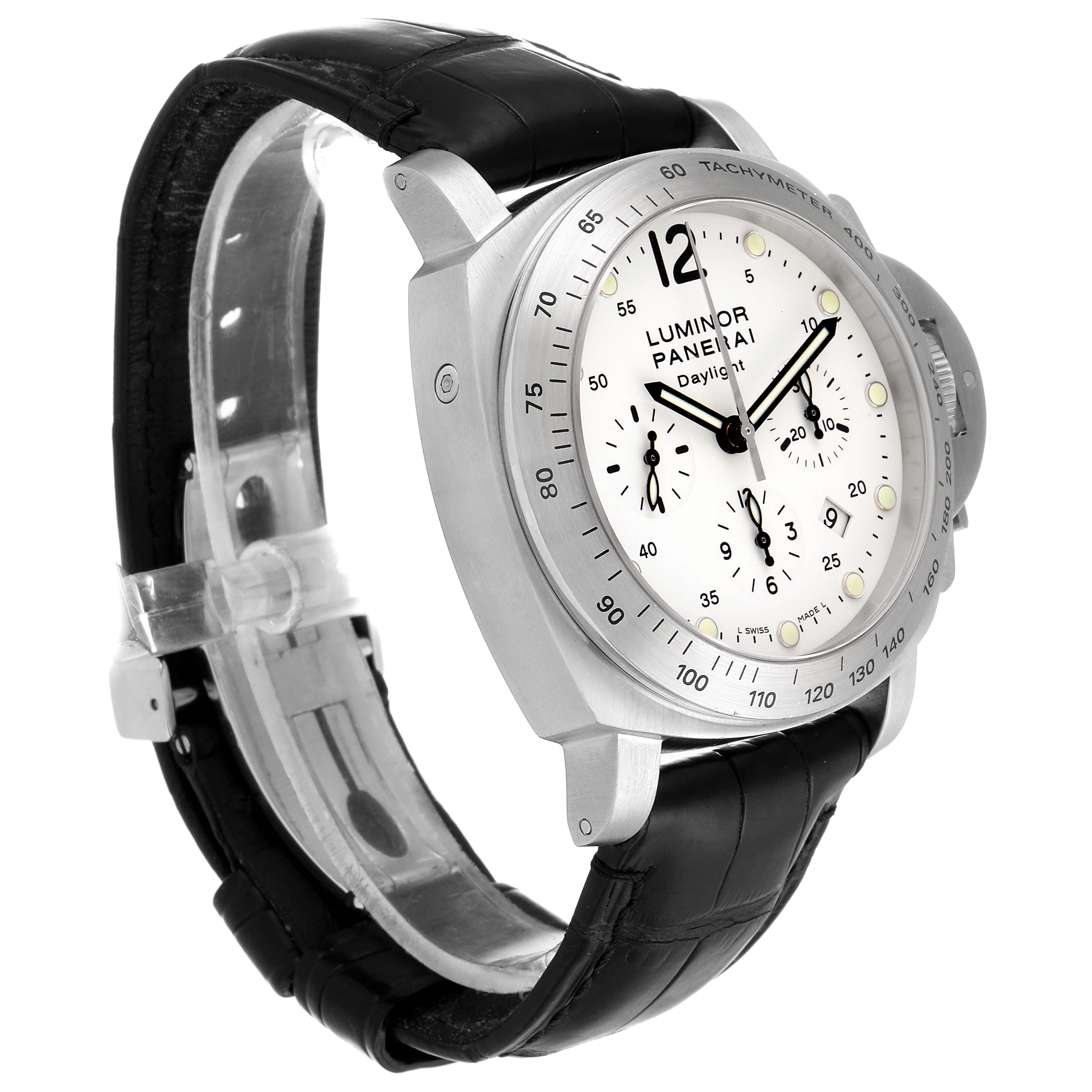 The image shows a Luminor model watch by Panerai from a side angle, highlighting the dial, case, and black leather strap.