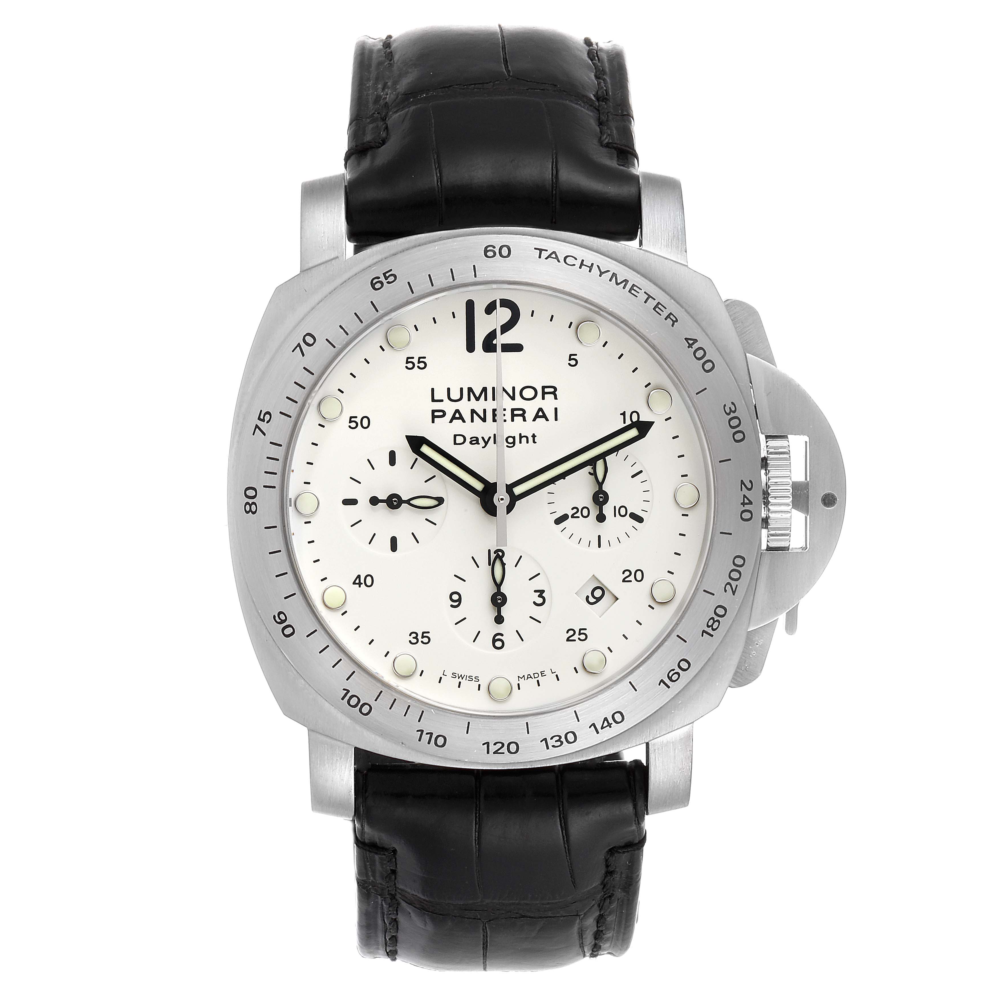 The image shows a front view of the Panerai Luminor PAM00251 Men's Stainless Steel Beige Dial PAM00251 Men's Stainless Steel Beige Dial watch model, highlighting its white dial, black leather strap, and tachymeter bezel.