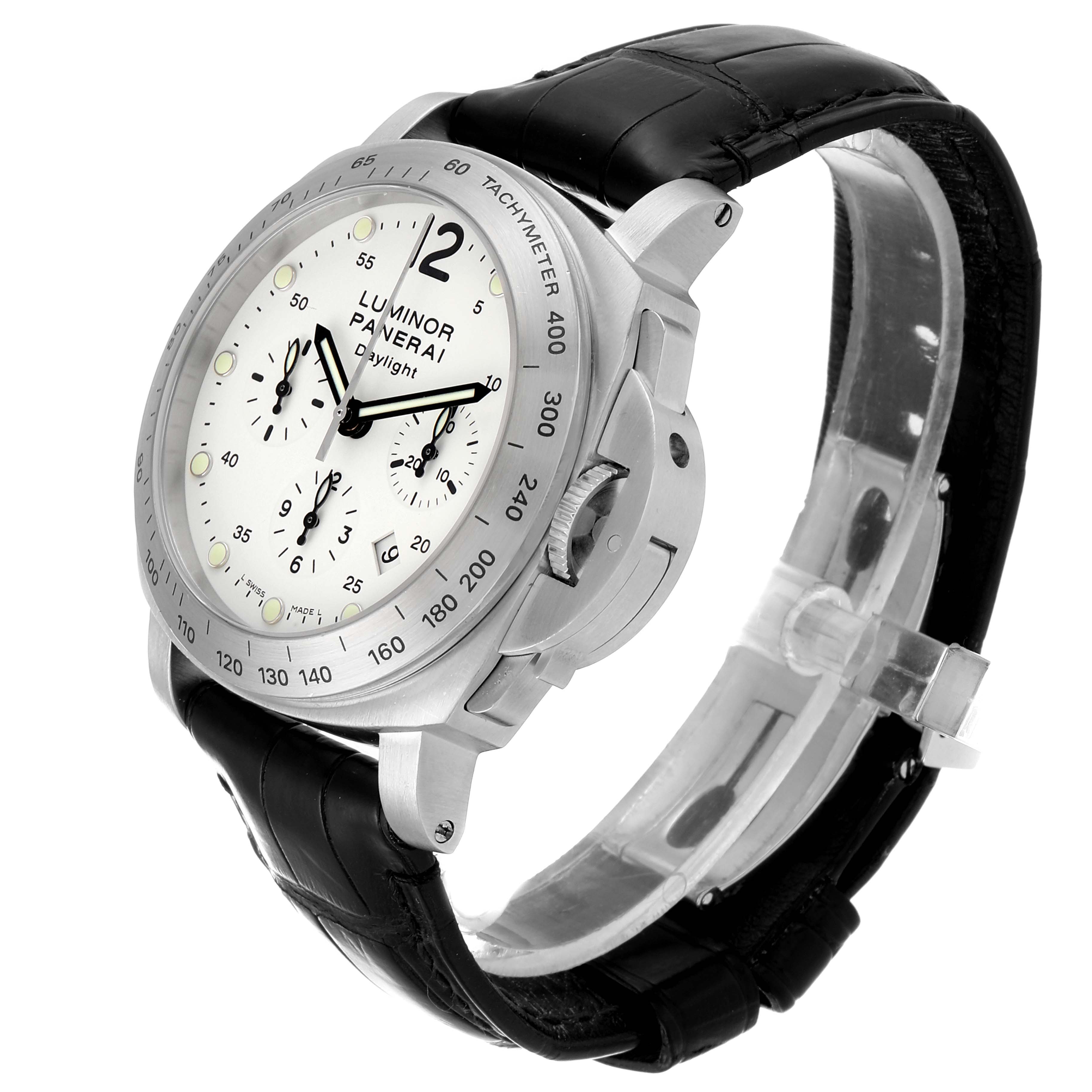 The image shows a Panerai Luminor PAM00251 Men's Stainless Steel Beige Dial PAM00251 Men's Stainless Steel Beige Dial watch at a three-quarter angle highlighting its face, bezel, crown guard, and leather strap.