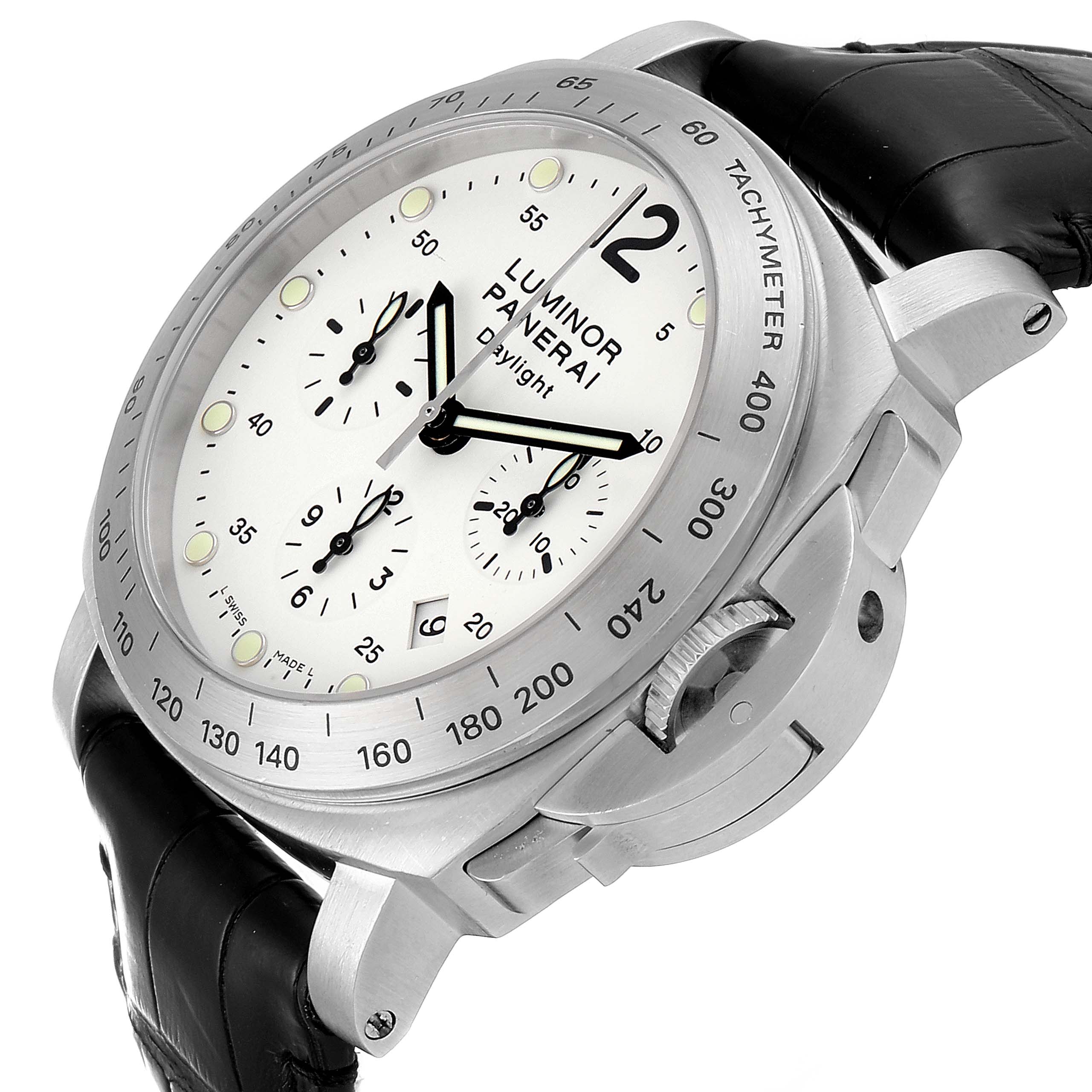 The image shows a side angle of the Panerai Luminor PAM00251 Men's Stainless Steel Beige Dial PAM00251 Men's Stainless Steel Beige Dial watch, highlighting its bezel, dial, crown guard, and leather strap.