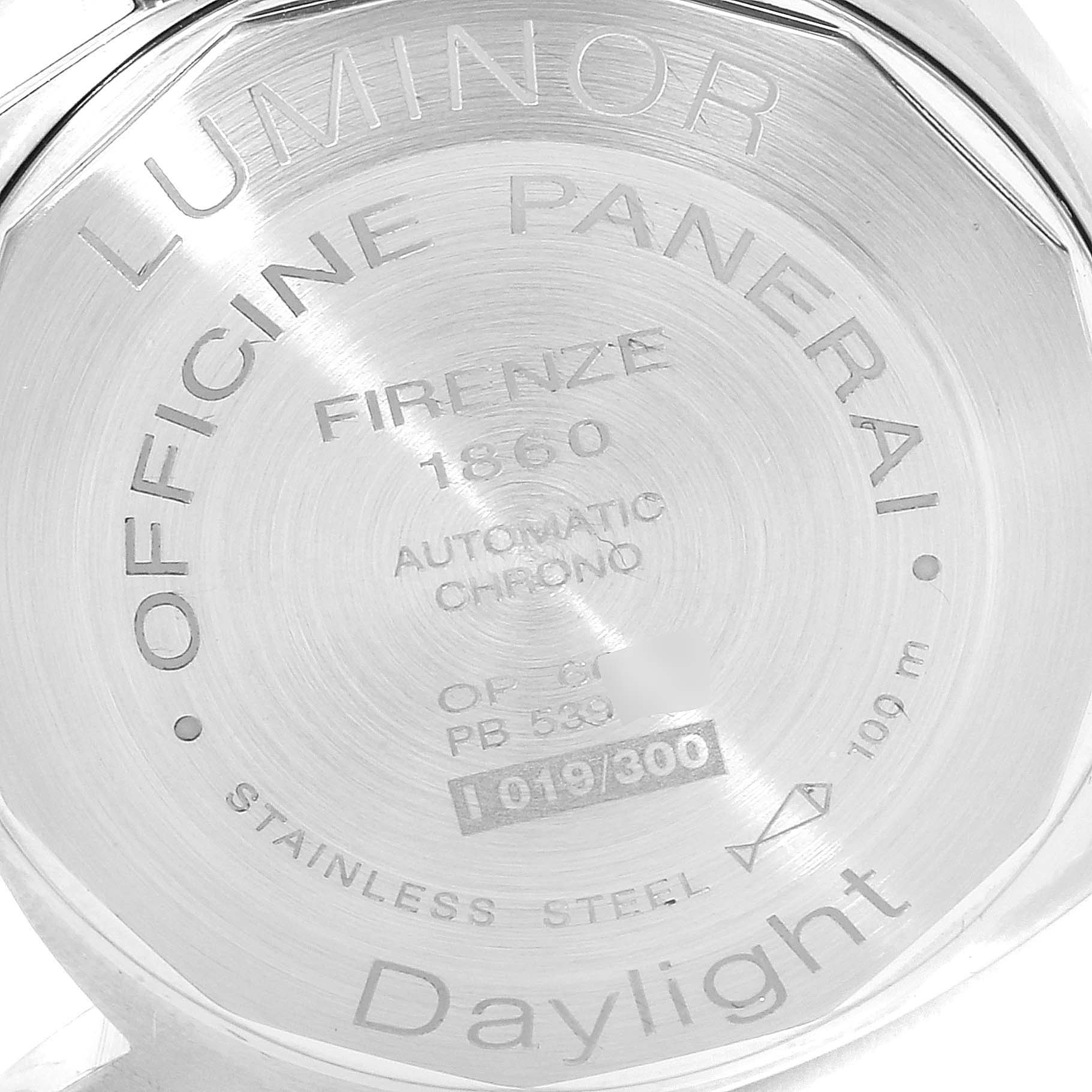 This image shows the engraved back case of a Panerai Luminor PAM00251 Men's Stainless Steel Beige Dial PAM00251 Men's Stainless Steel Beige Dial watch, displaying model and specification details.