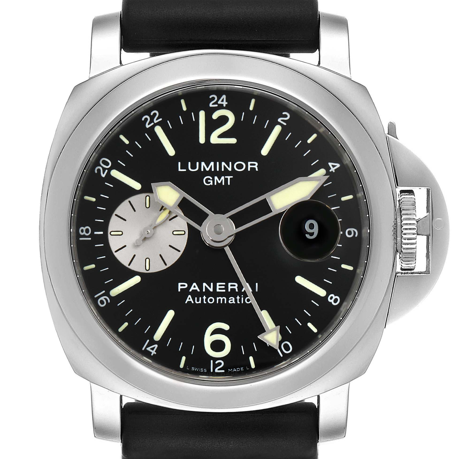 The image shows a front view of a Panerai Luminor PAM00088 Men's Stainless Steel Black Dial PAM00088 Men's Stainless Steel Black Dial GMT watch, highlighting its dial, hands, date display, crown guard, and strap.