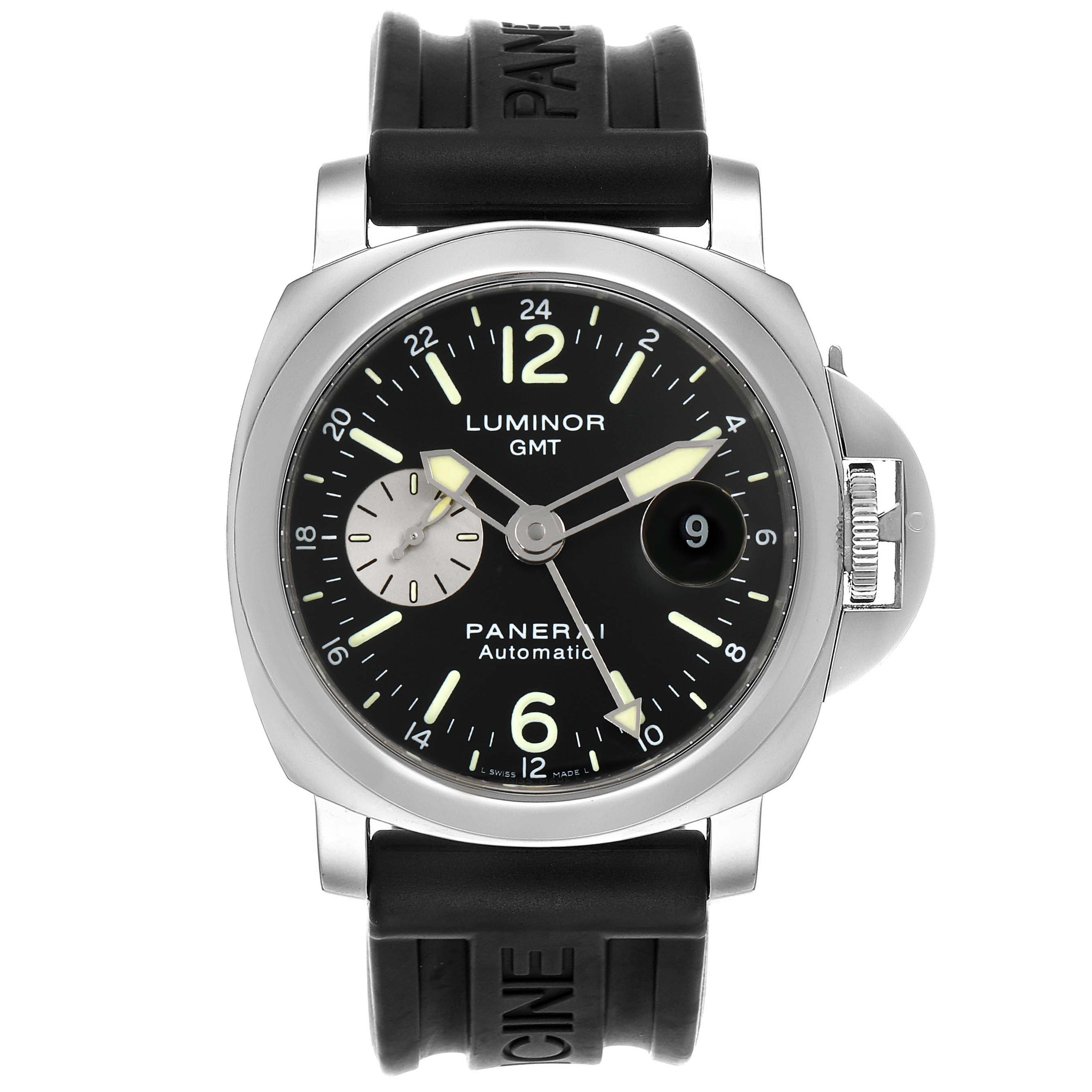 This Panerai Luminor PAM00088 Men's Stainless Steel Black Dial PAM00088 Men's Stainless Steel Black Dial GMT watch is shown from a front angle, highlighting its dial, bezel, and strap.