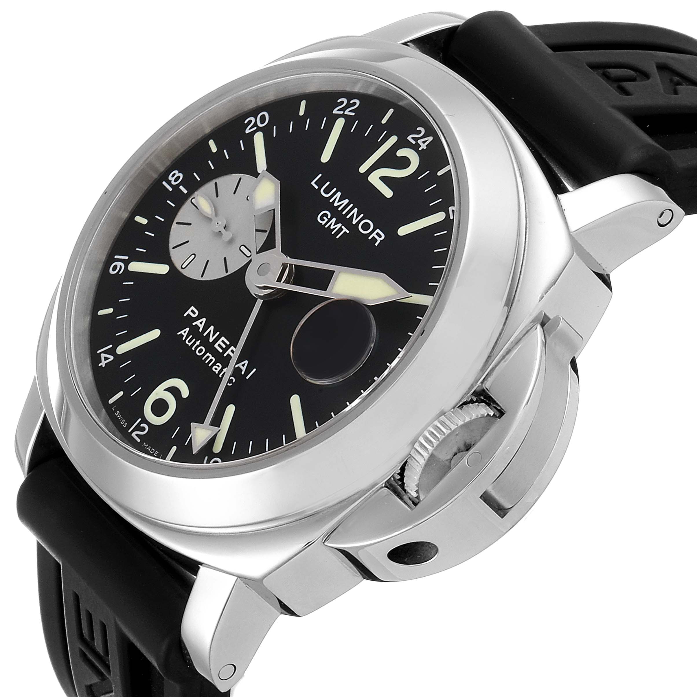 This image shows a Panerai Luminor PAM00088 Men's Stainless Steel Black Dial PAM00088 Men's Stainless Steel Black Dial GMT watch from a front angle, highlighting its black dial, crown guard, and rubber strap.