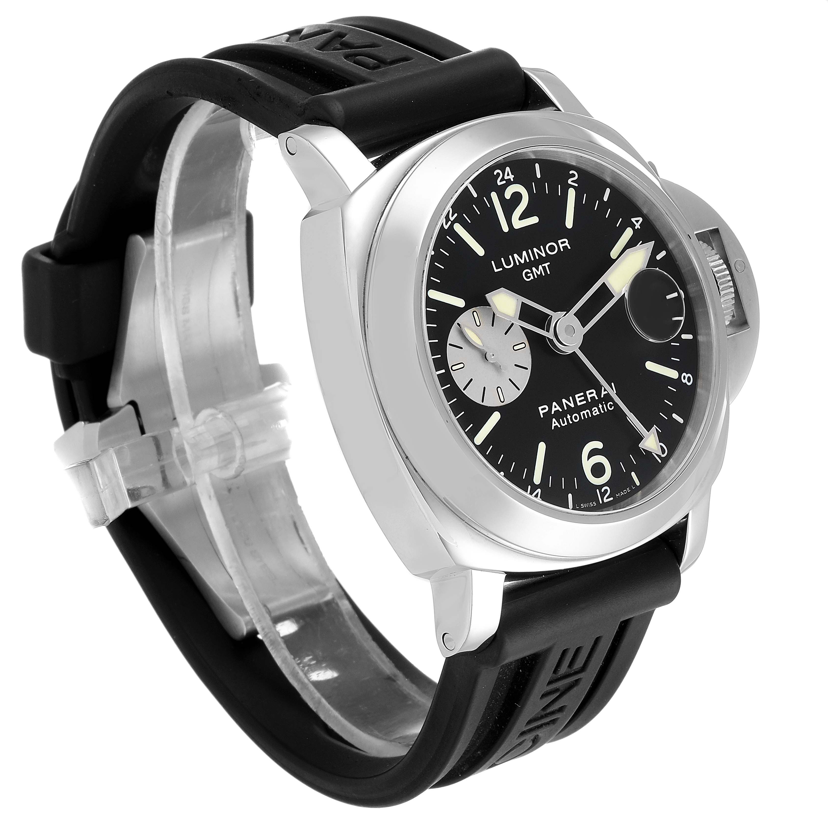The image shows a side-angle view of a Panerai Luminor PAM00088 Men's Stainless Steel Black Dial PAM00088 Men's Stainless Steel Black Dial GMT watch, highlighting the face, case, and strap.