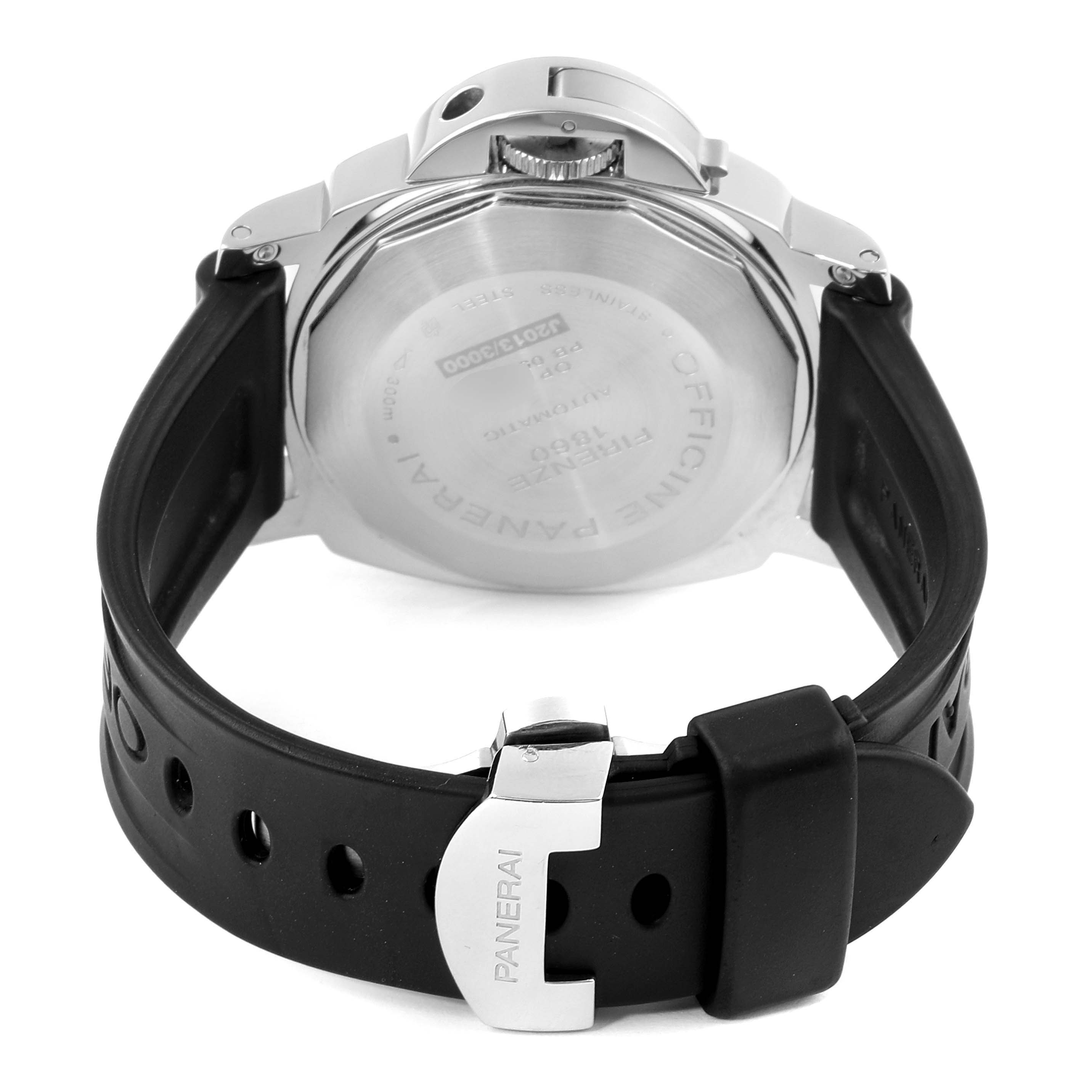 The image shows the back view of a Panerai Luminor PAM00088 Men's Stainless Steel Black Dial PAM00088 Men's Stainless Steel Black Dial watch, highlighting its case back, crown guard, and rubber strap with a Panerai buckle.