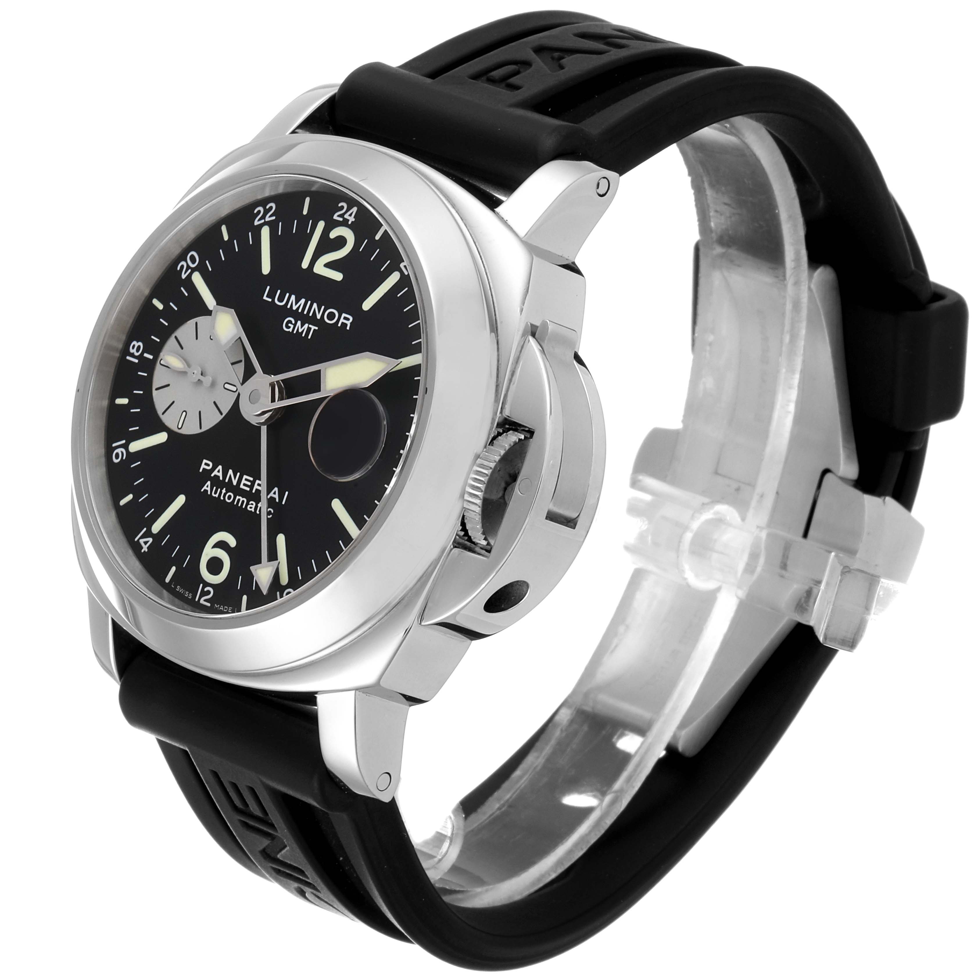 The image shows a Panerai Luminor PAM00088 Men's Stainless Steel Black Dial PAM00088 Men's Stainless Steel Black Dial GMT watch at an angle displaying the face, bezel, crown, and rubber strap.