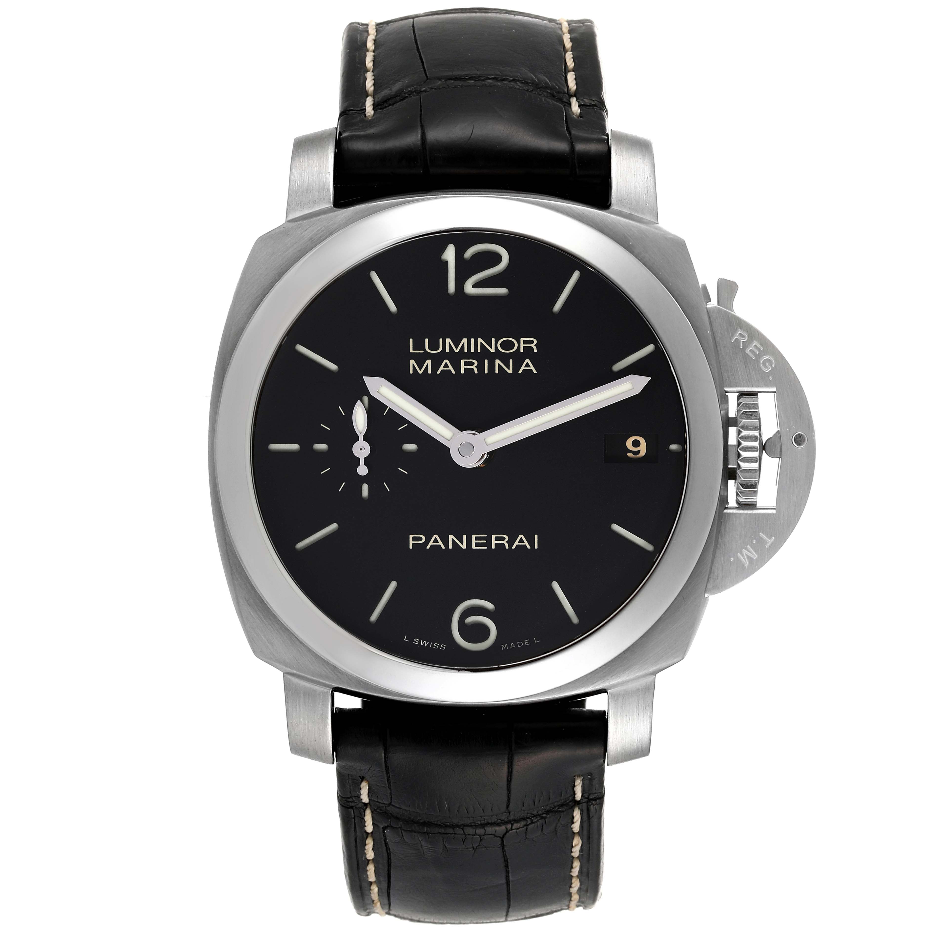 This image shows a front view of a Panerai Luminor PAM00392 Men's Stainless Steel Black Dial PAM00392 Men's Stainless Steel Black Dial Marina watch, highlighting its dial, case, and leather strap.