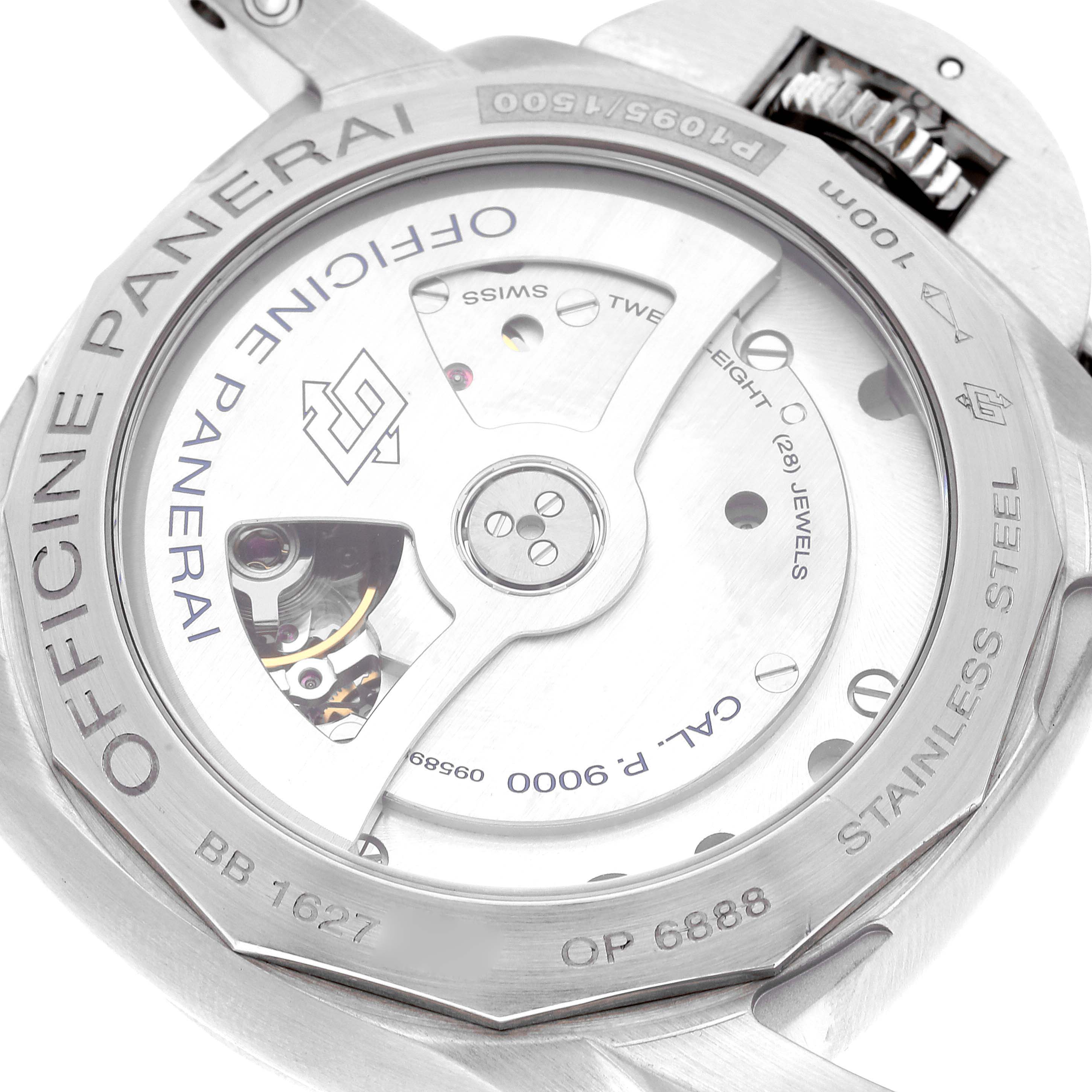 This image shows the back view of the Panerai Luminor PAM00392 Men's Stainless Steel Black Dial PAM00392 Men's Stainless Steel Black Dial watch, displaying its internal mechanism and details on the case.