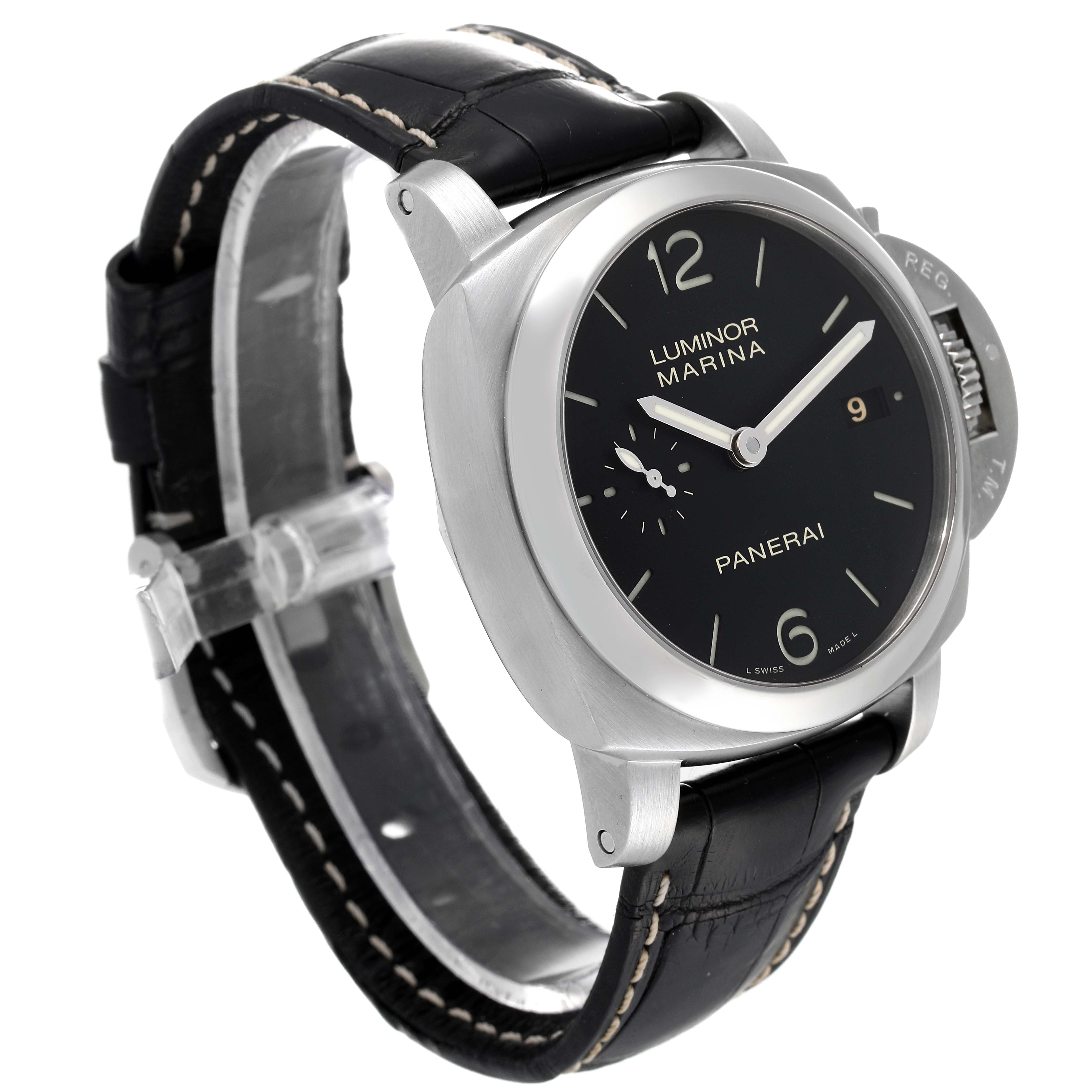 The image shows a Panerai Luminor PAM00392 Men's Stainless Steel Black Dial PAM00392 Men's Stainless Steel Black Dial watch with a black dial and leather strap, viewed at a slight angle from the front left side.