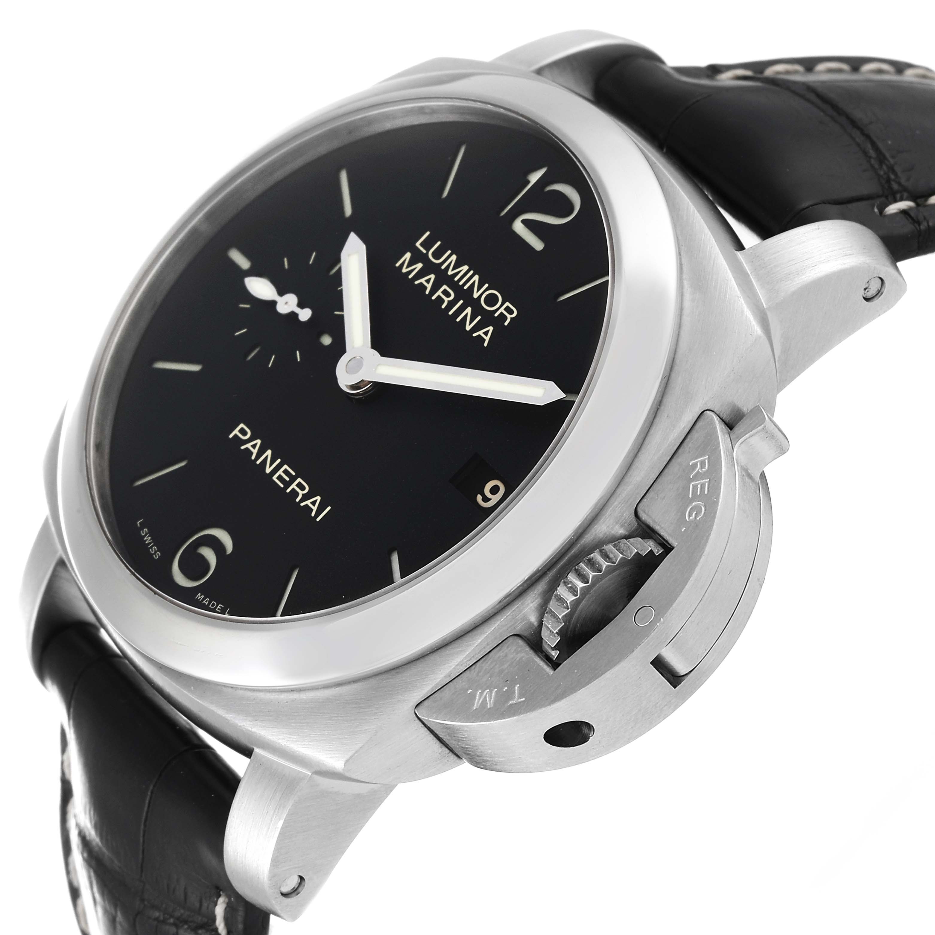 This image shows a side view of the Panerai Luminor PAM00392 Men's Stainless Steel Black Dial PAM00392 Men's Stainless Steel Black Dial watch, highlighting the dial, case, and crown-protecting device.
