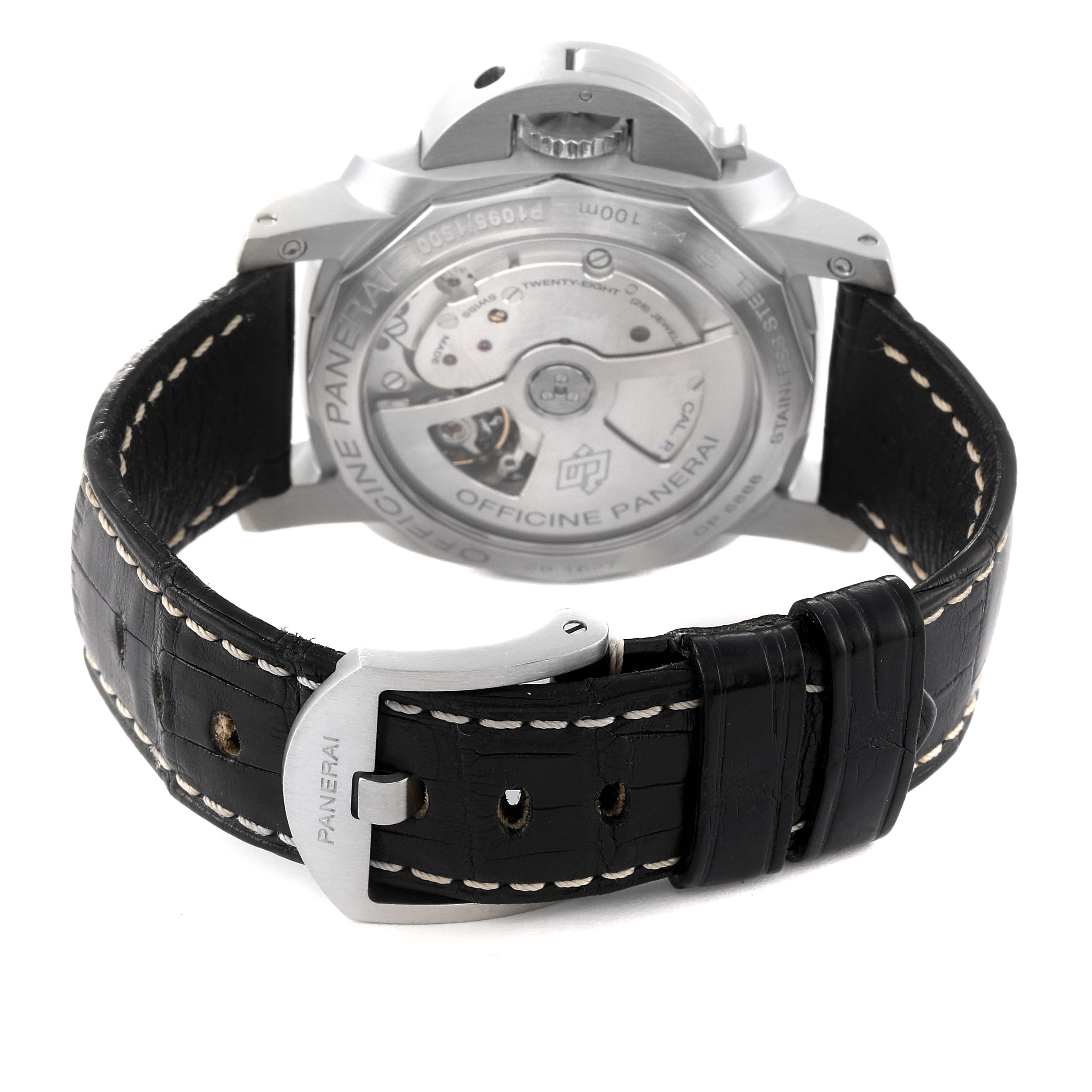 The image shows the back view of the Panerai Luminor PAM00392 Men's Stainless Steel Black Dial PAM00392 Men's Stainless Steel Black Dial watch, highlighting its black leather strap and exposed movement.