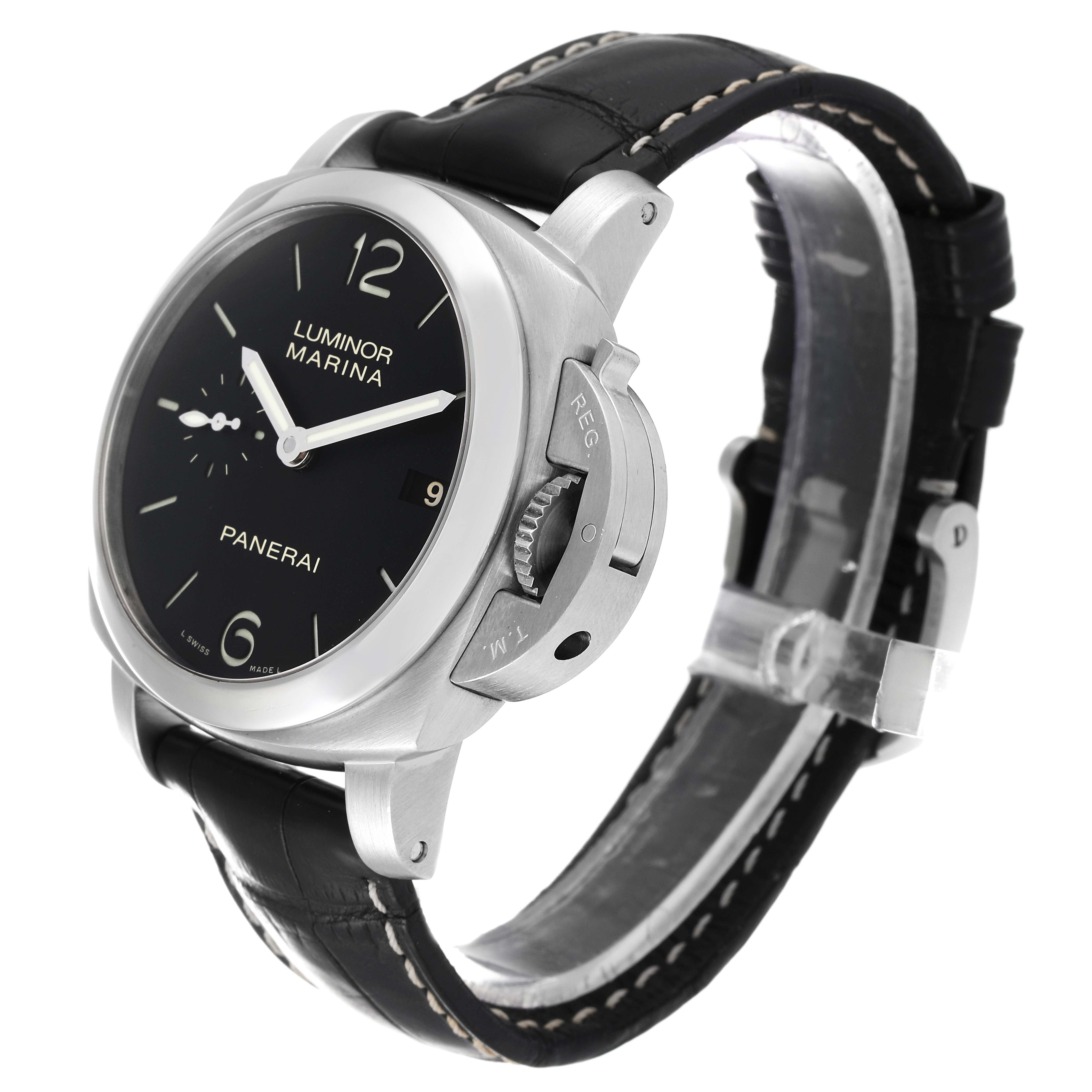 The image shows a front angled view of a Panerai Luminor PAM00392 Men's Stainless Steel Black Dial PAM00392 Men's Stainless Steel Black Dial model watch, featuring its dial, case, crown guard, and leather strap.