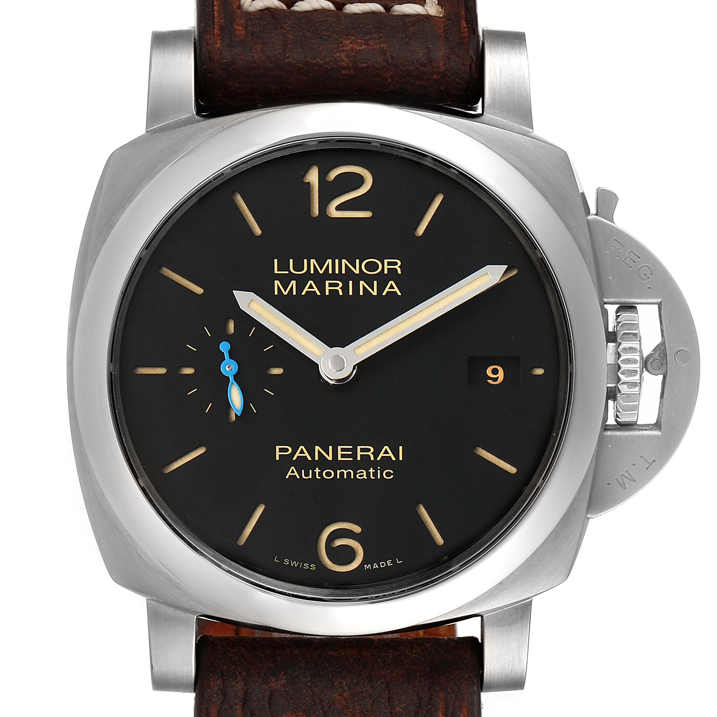 The image shows a frontal view of a Panerai Luminor PAM01392 Men
s Stainless Steel Black Dial PAM01392 Men
s Stainless Steel Black Dial Marina watch, highlighting its dial, crown guard, and brown leather strap.