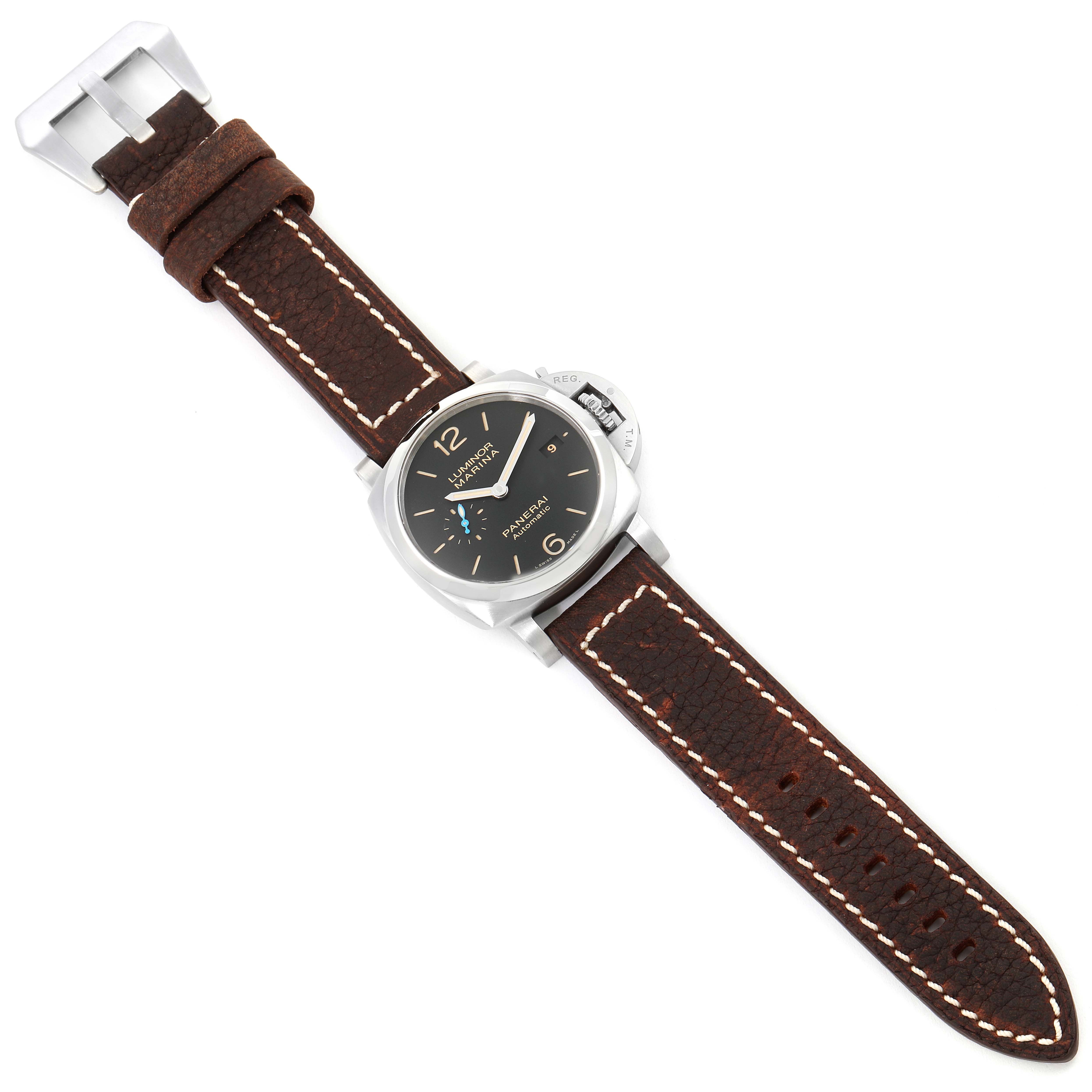 This Luminor model by Panerai is shown from a top-down angle, displaying the watch face, casing, and brown leather strap.