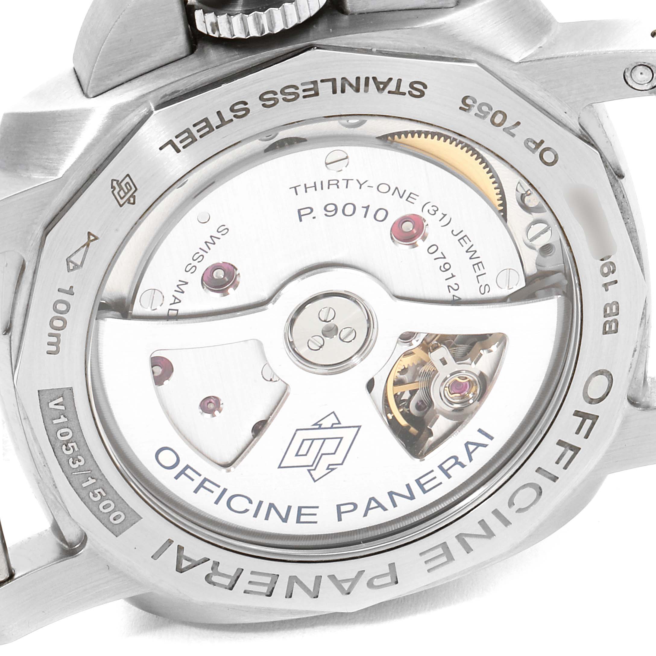 This is a close-up of the case back of a Panerai Luminor PAM01392 Men
s Stainless Steel Black Dial PAM01392 Men
s Stainless Steel Black Dial watch, showcasing its movement and engravings.