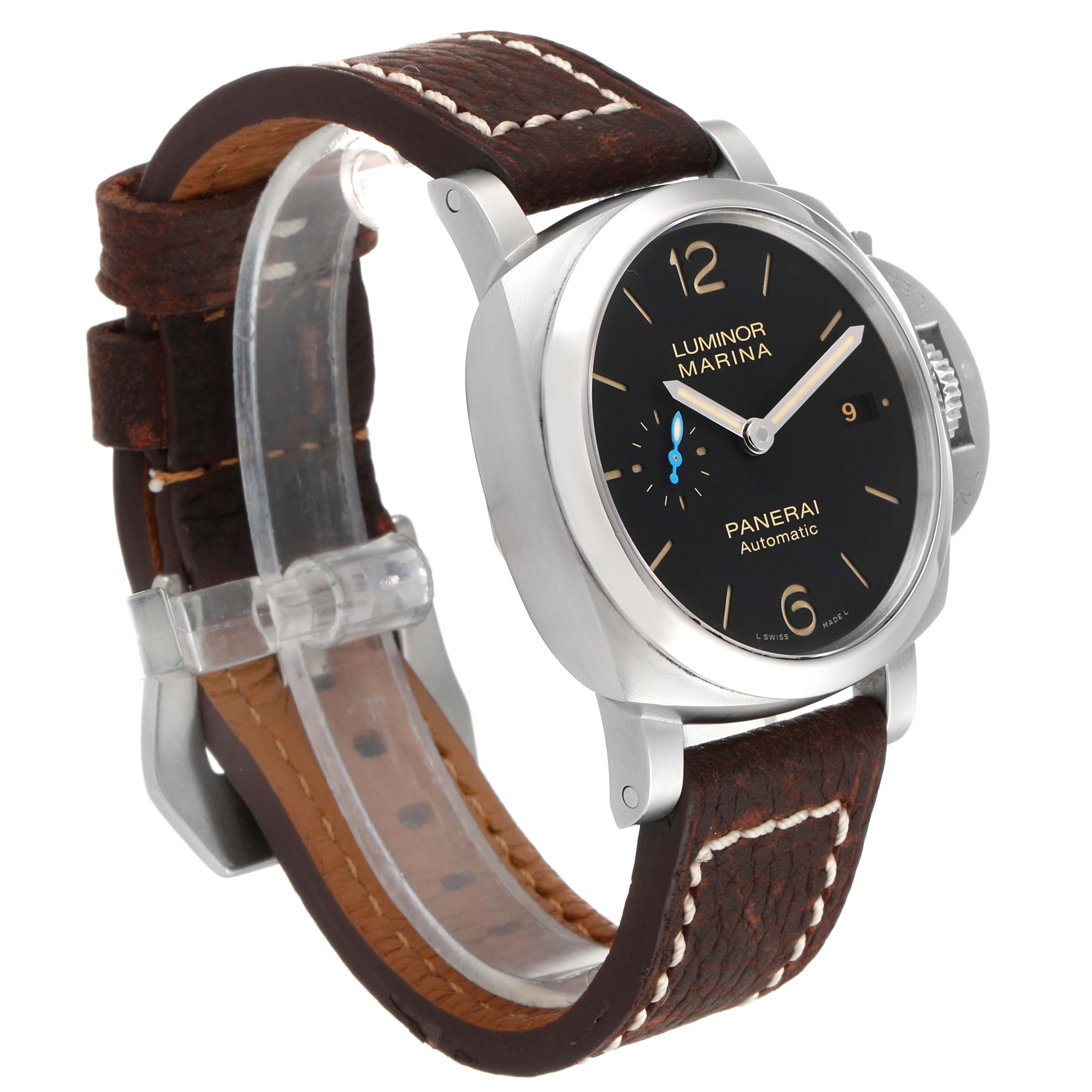 The image shows a side angle view of a Panerai Luminor PAM01392 Men
s Stainless Steel Black Dial PAM01392 Men
s Stainless Steel Black Dial model watch, highlighting the watch face, bezel, and leather strap.