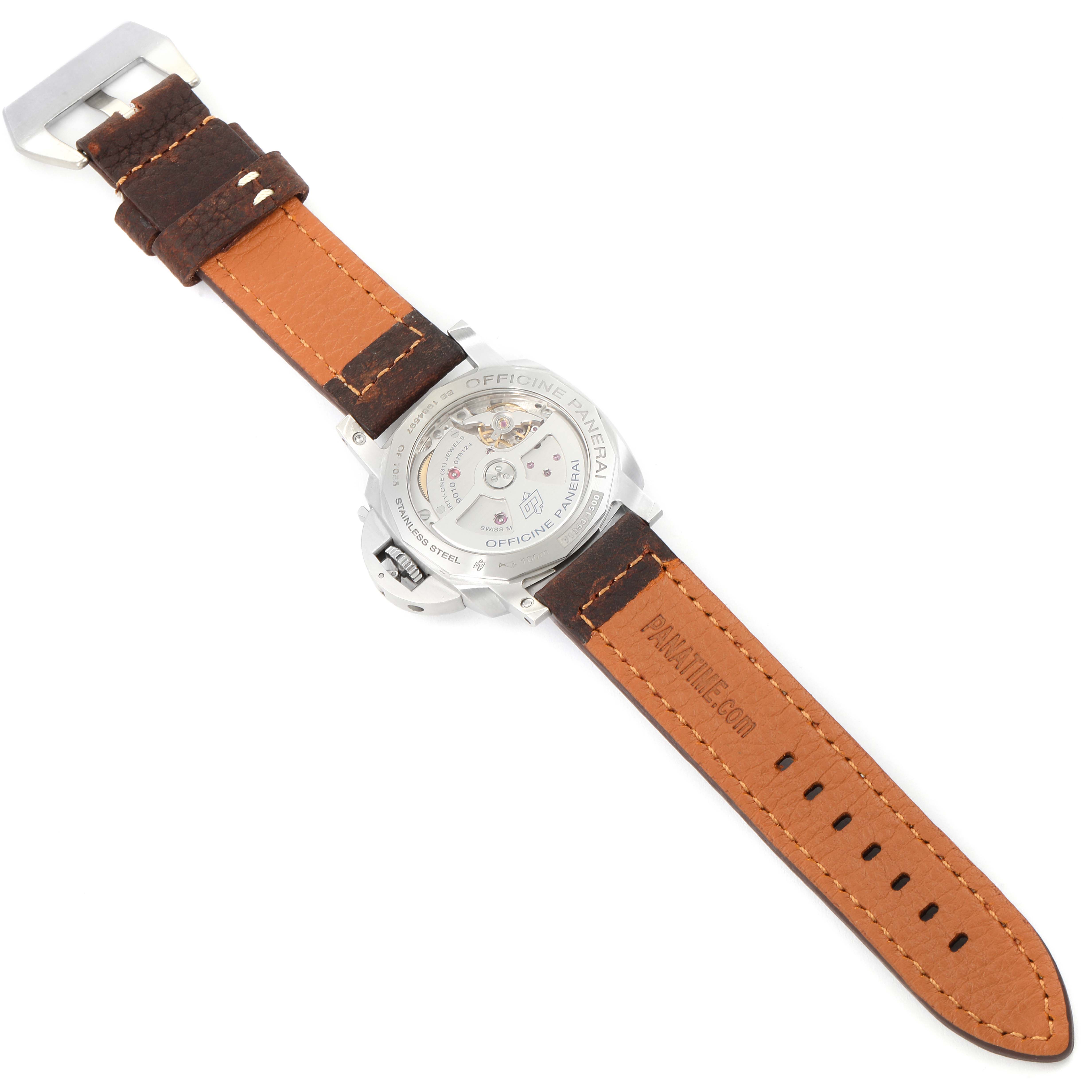 This image shows the back view of a Panerai Luminor PAM01392 Men
s Stainless Steel Black Dial PAM01392 Men
s Stainless Steel Black Dial watch, highlighting the movement and leather strap.