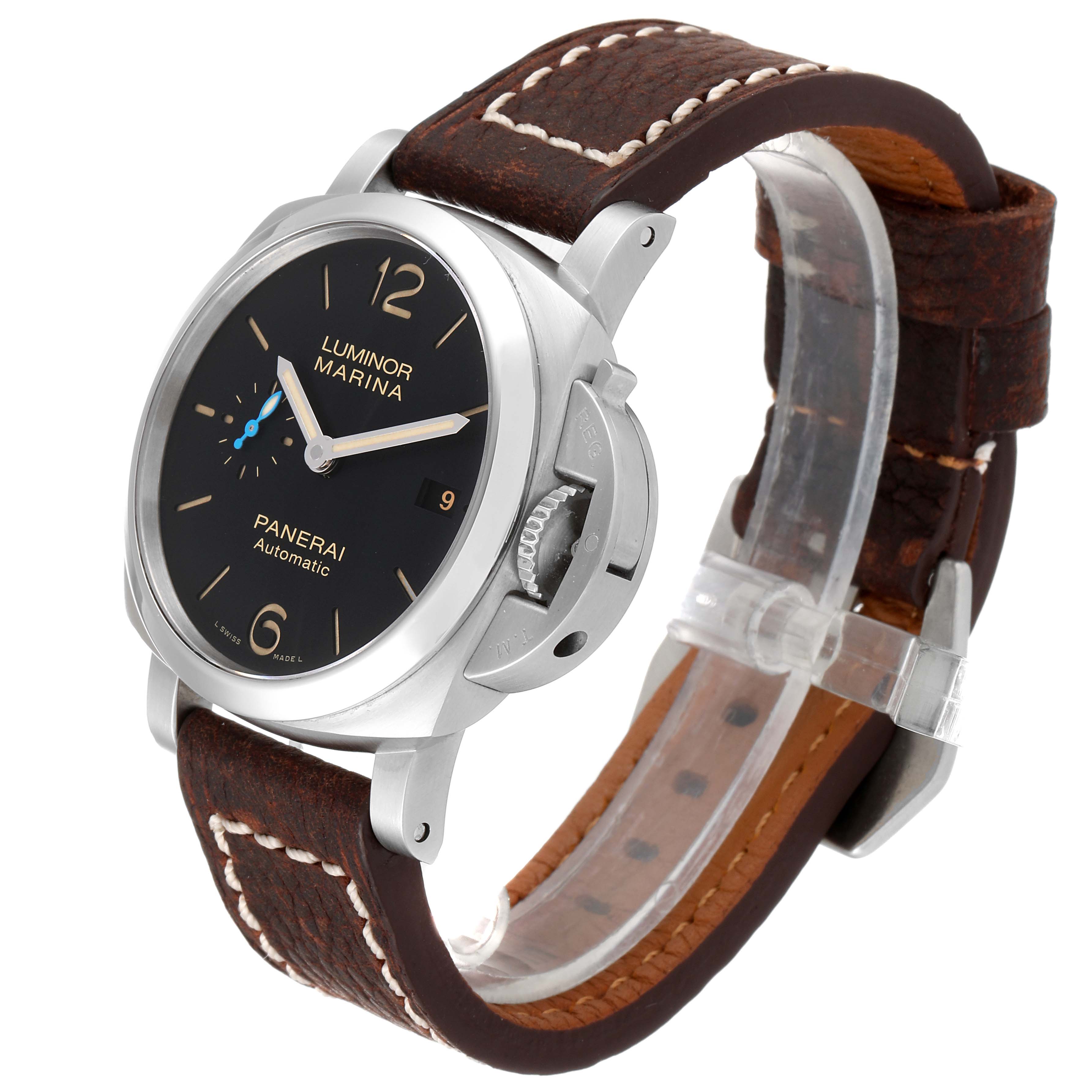 The image shows an angled view of a Panerai Luminor PAM01392 Men
s Stainless Steel Black Dial PAM01392 Men
s Stainless Steel Black Dial Marina watch displaying its face, crown guard, and brown leather strap.