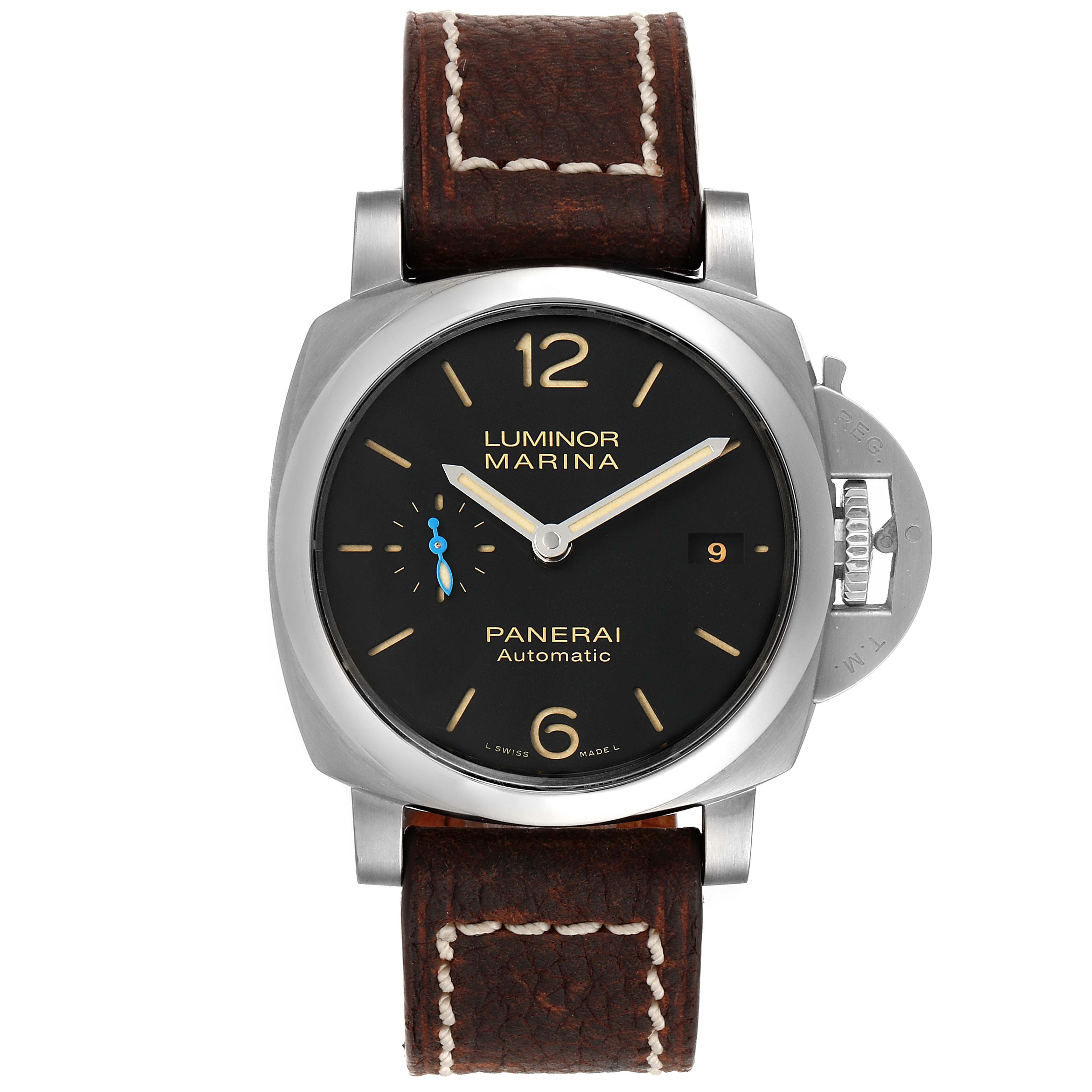 The front view of the Panerai Luminor PAM01392 Men
s Stainless Steel Black Dial PAM01392 Men
s Stainless Steel Black Dial model watch shows its dial, hands, crown guard, and leather strap.