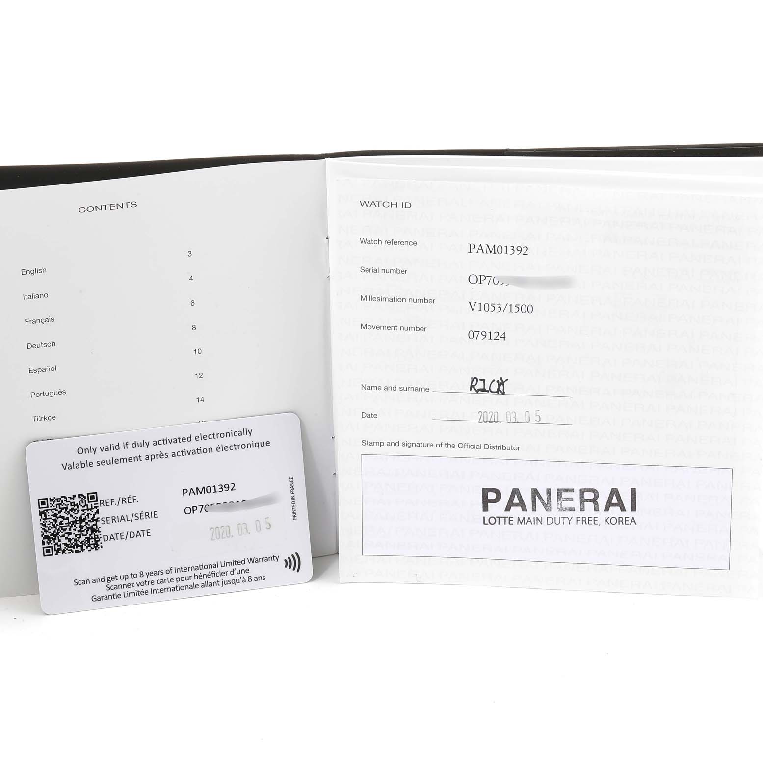 The image shows the documentation and warranty card for the Panerai Luminor PAM01392 Men
s Stainless Steel Black Dial PAM01392 Men
s Stainless Steel Black Dial model PAM01392, including serial numbers and purchase details.