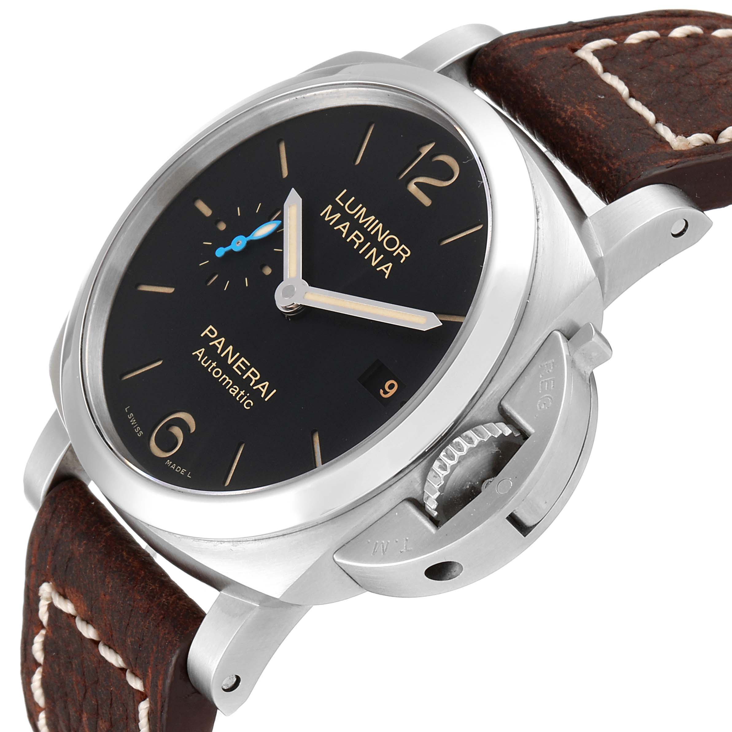 The image shows a Panerai Luminor PAM01392 Men
s Stainless Steel Black Dial PAM01392 Men
s Stainless Steel Black Dial Marina watch angled from the front-right side, highlighting the dial, case, and brown leather strap.