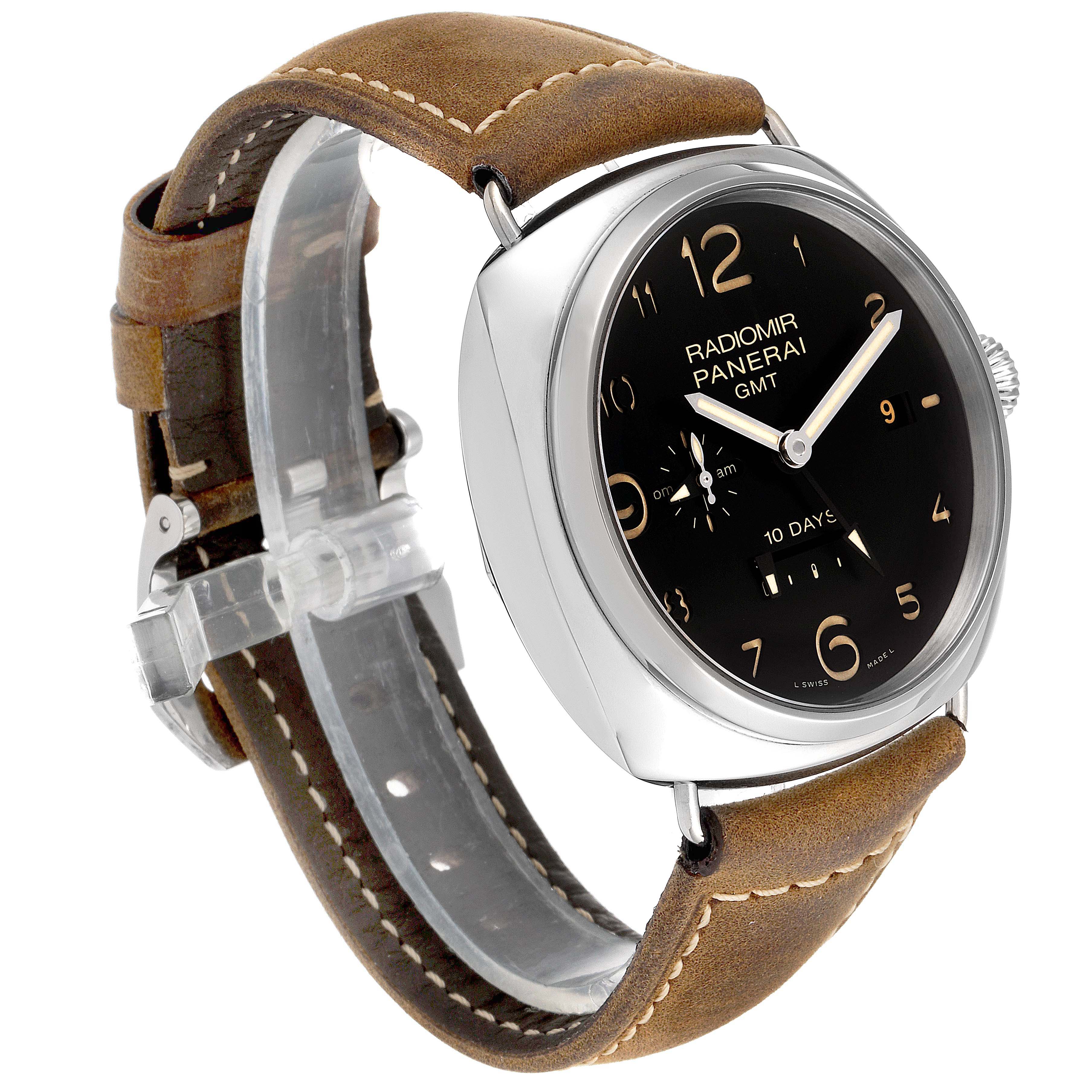 The image shows a Panerai Radiomir PAM00473 men's watch at a 3/4 angle, highlighting its brown leather strap, black dial with numerals, and crown on the right.