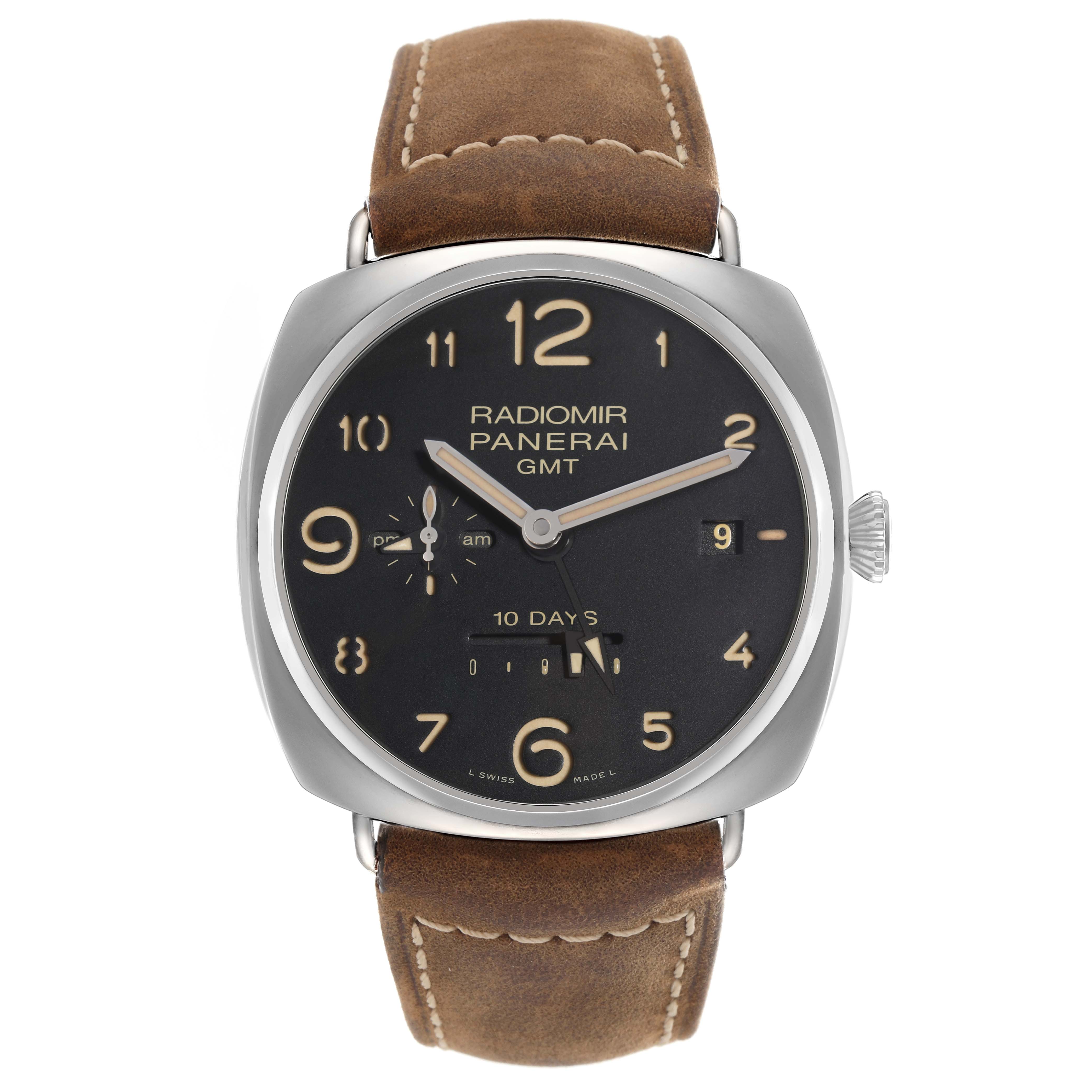 The image shows a front view of the Panerai Radiomir PAM00473 men's watch, highlighting its black dial, brown leather strap, and distinctive crown.