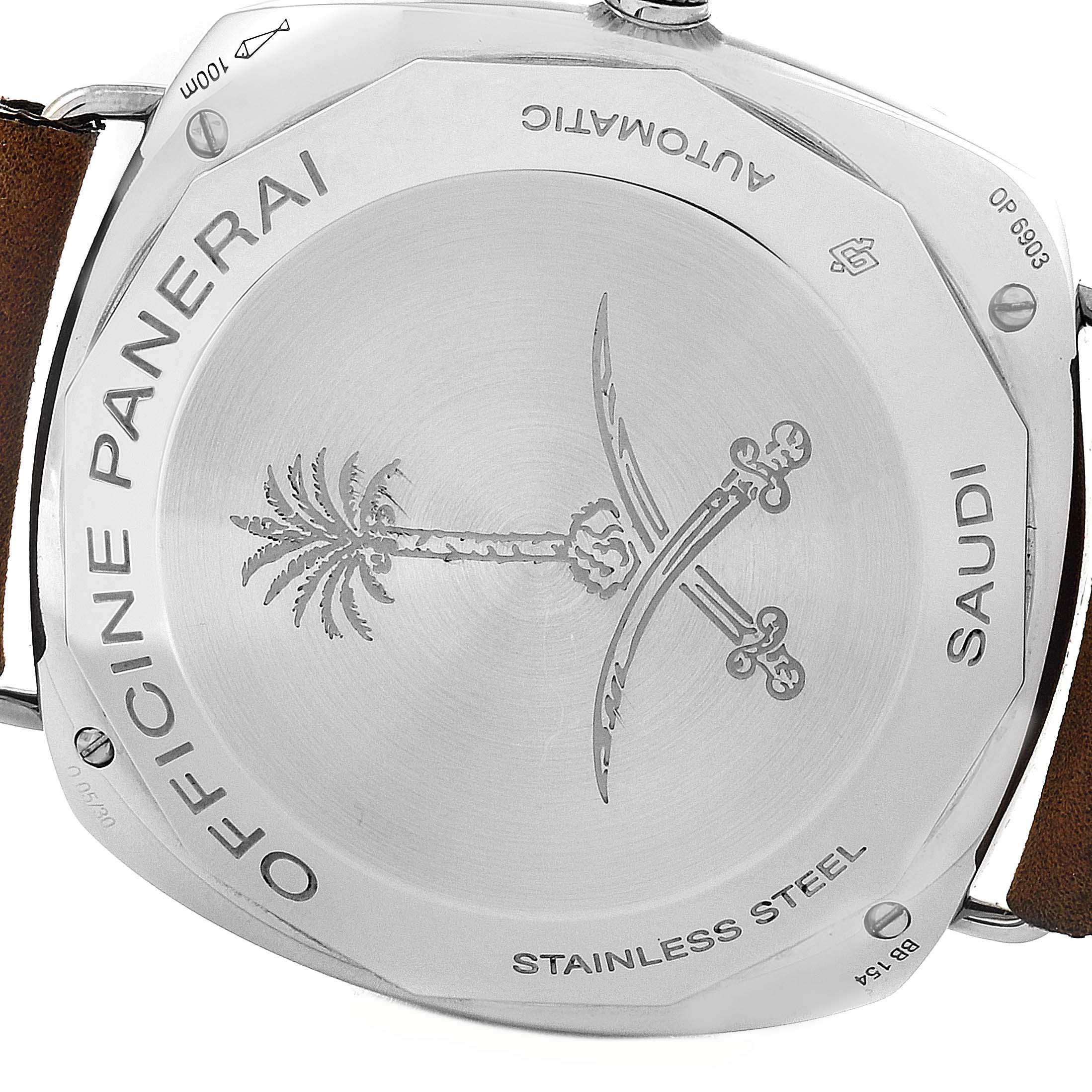 The image shows the back case of the Panerai Radiomir men's watch, model PAM00473, highlighting "OFFICINE PANERAI," "AUTOMATIC," and engraved emblem.