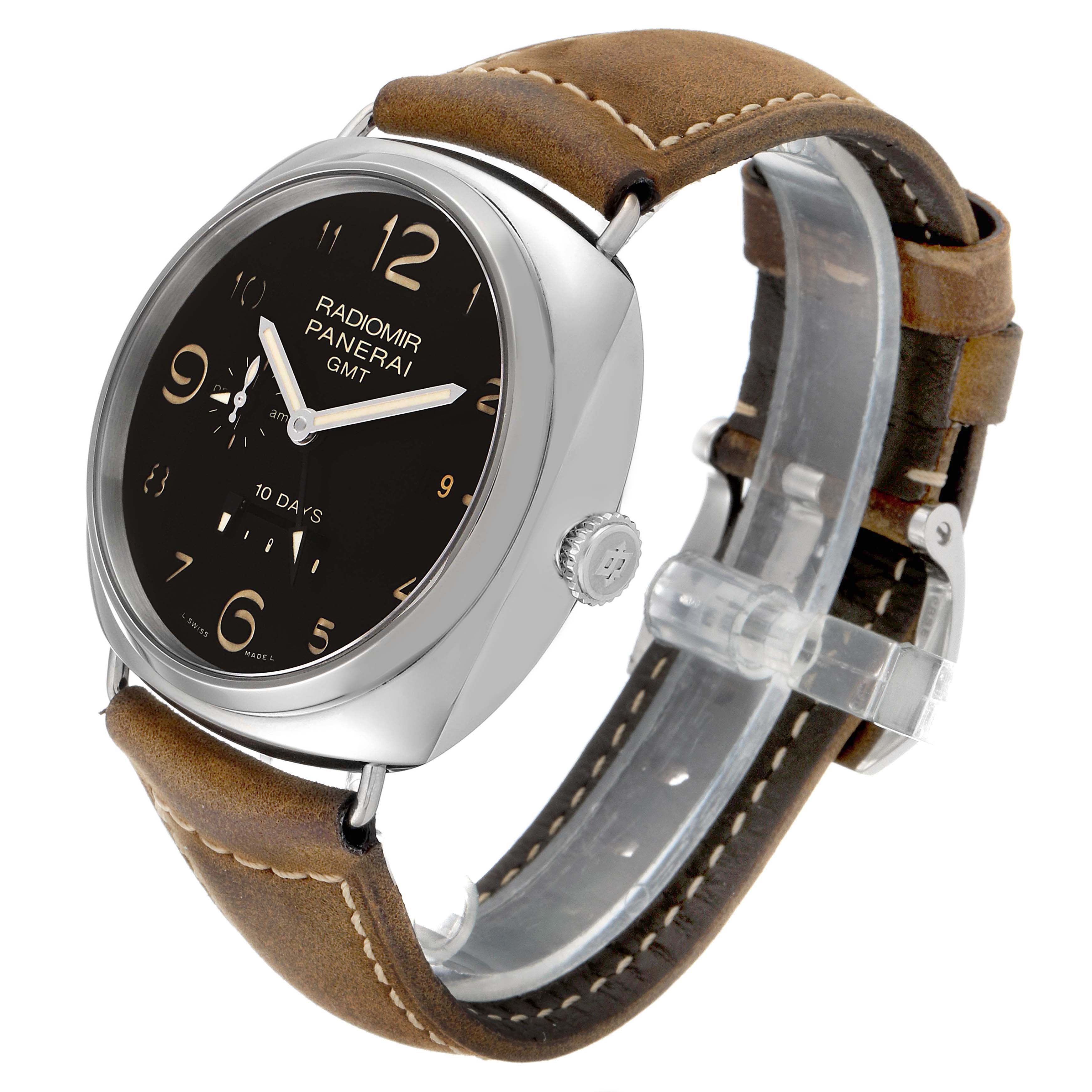 The image shows a Panerai Radiomir PAM00473 men's watch at a side angle, highlighting its black dial, brown leather strap, and silver case.