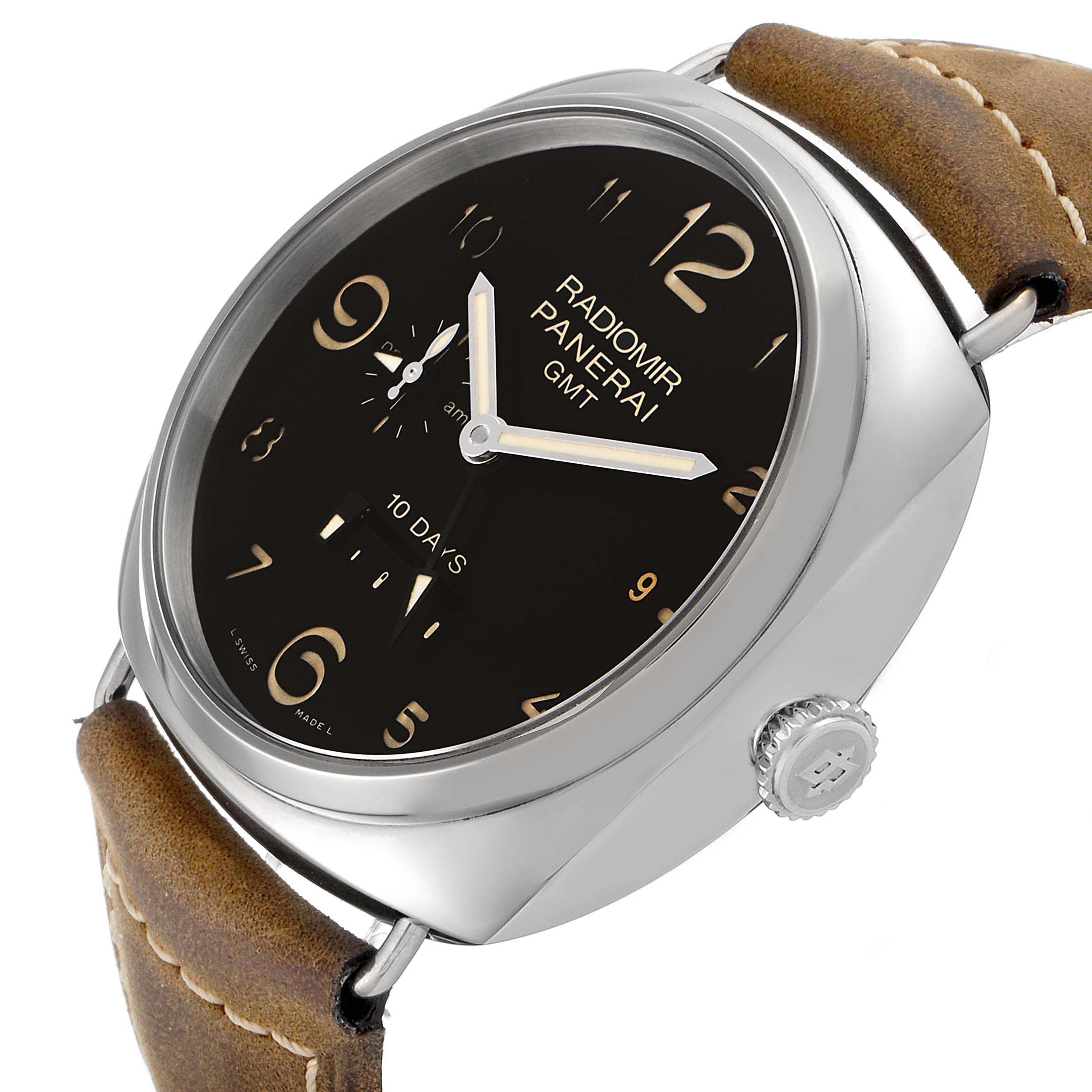 The Radiomir Panerai PAM00473 men's watch is shown from a side angle, highlighting the dial, case, crown, and leather strap.