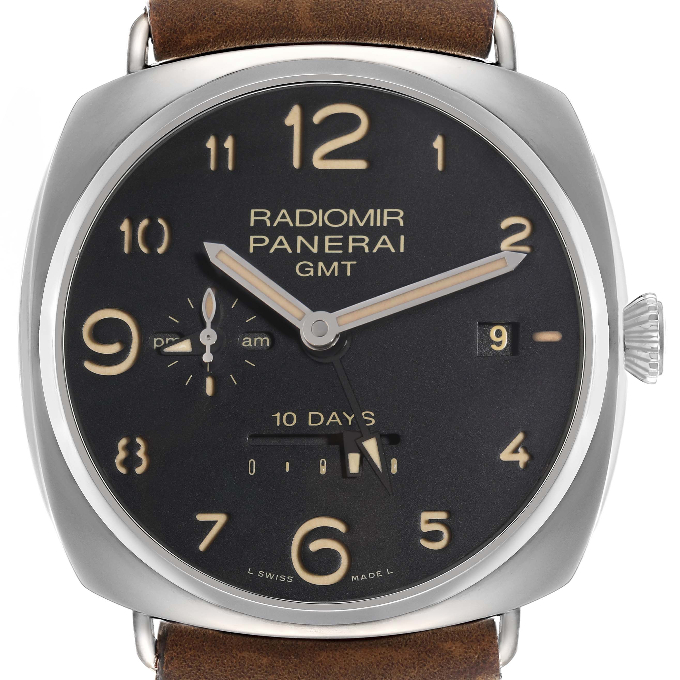 The image shows a Panerai Radiomir PAM00473 men's watch from a front angle, highlighting the dial, numerals, hands, and crown with a leather strap.