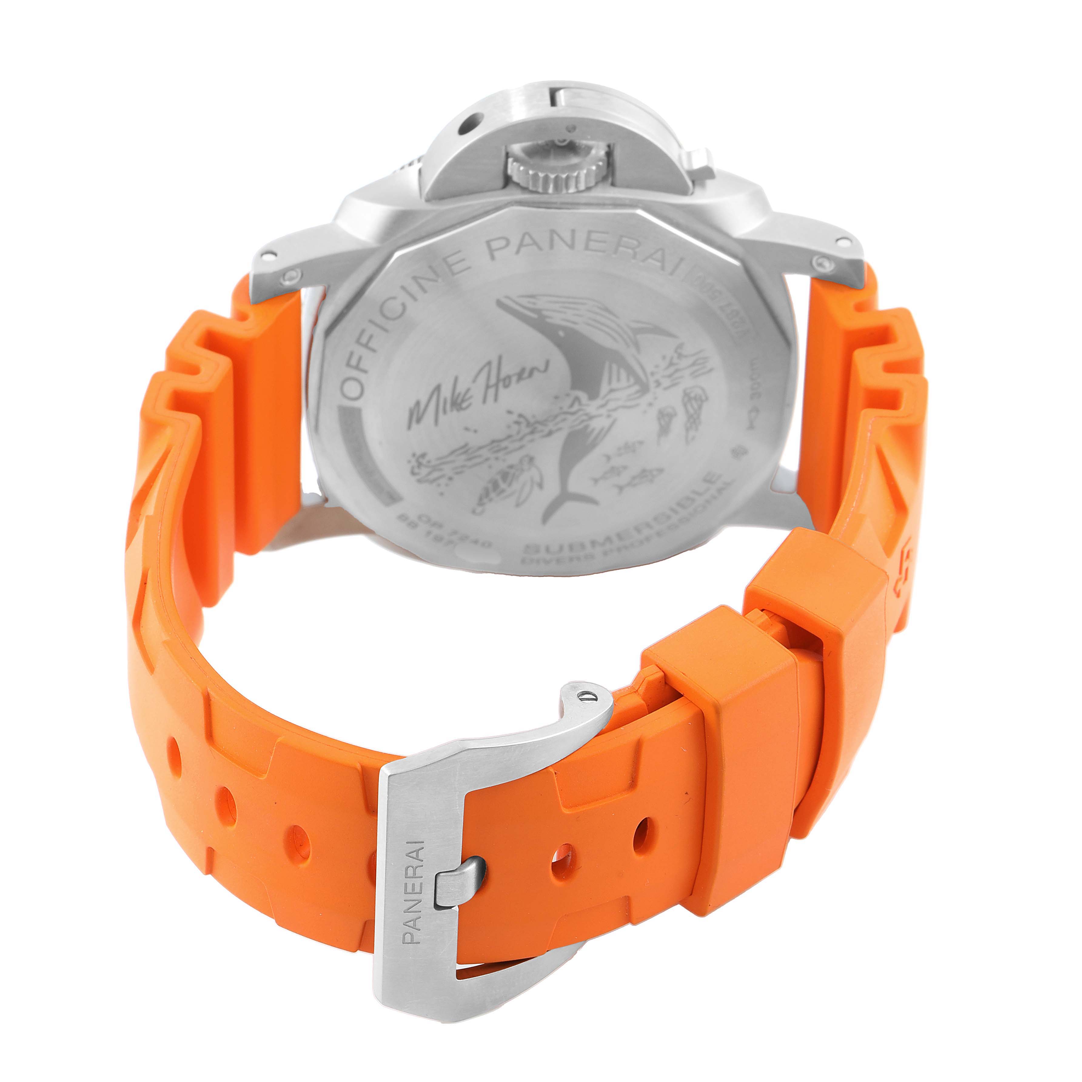 The image shows the back of a Panerai Submersible PAM00984 Men's Titanium Black Dial watch with an orange strap and engraved case back, viewed from the rear angle.