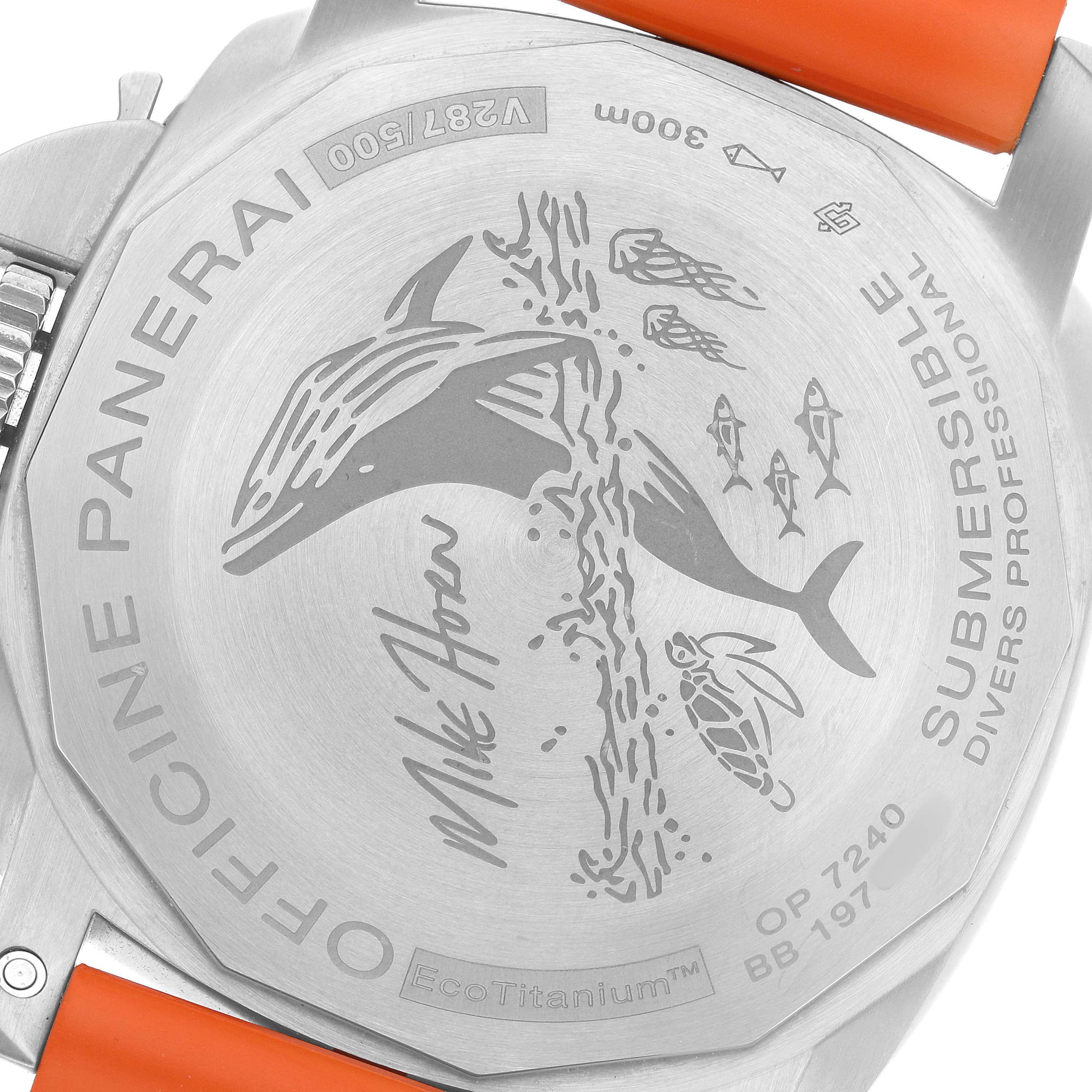 The image shows the back of a Panerai Submersible PAM00984 Men's Titanium Black Dial watch, highlighting its engravings and orange strap.