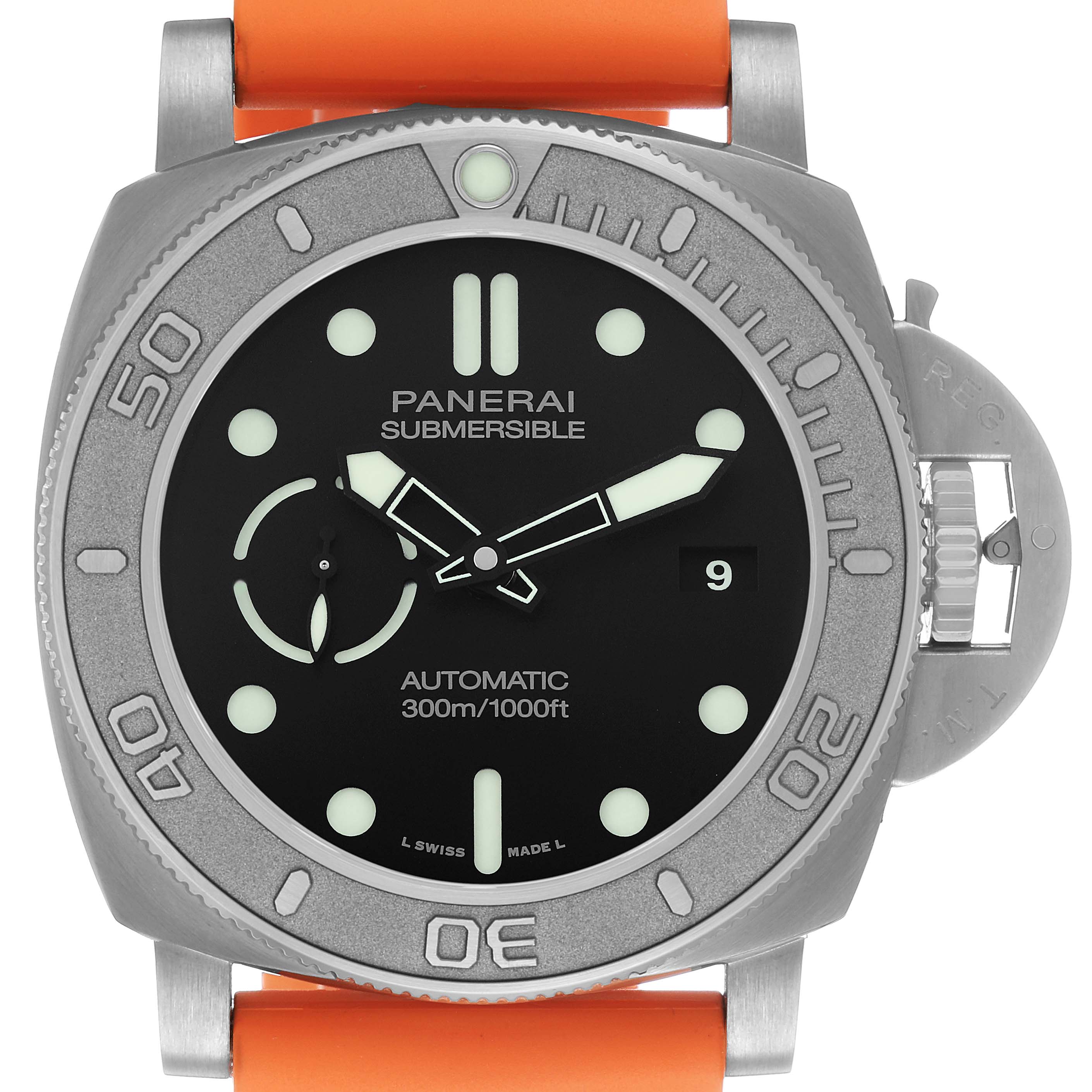 The Panerai Submersible PAM00984 Men's Titanium Black Dial watch is shown from the front, highlighting the dial, bezel, crown guard, and orange strap.