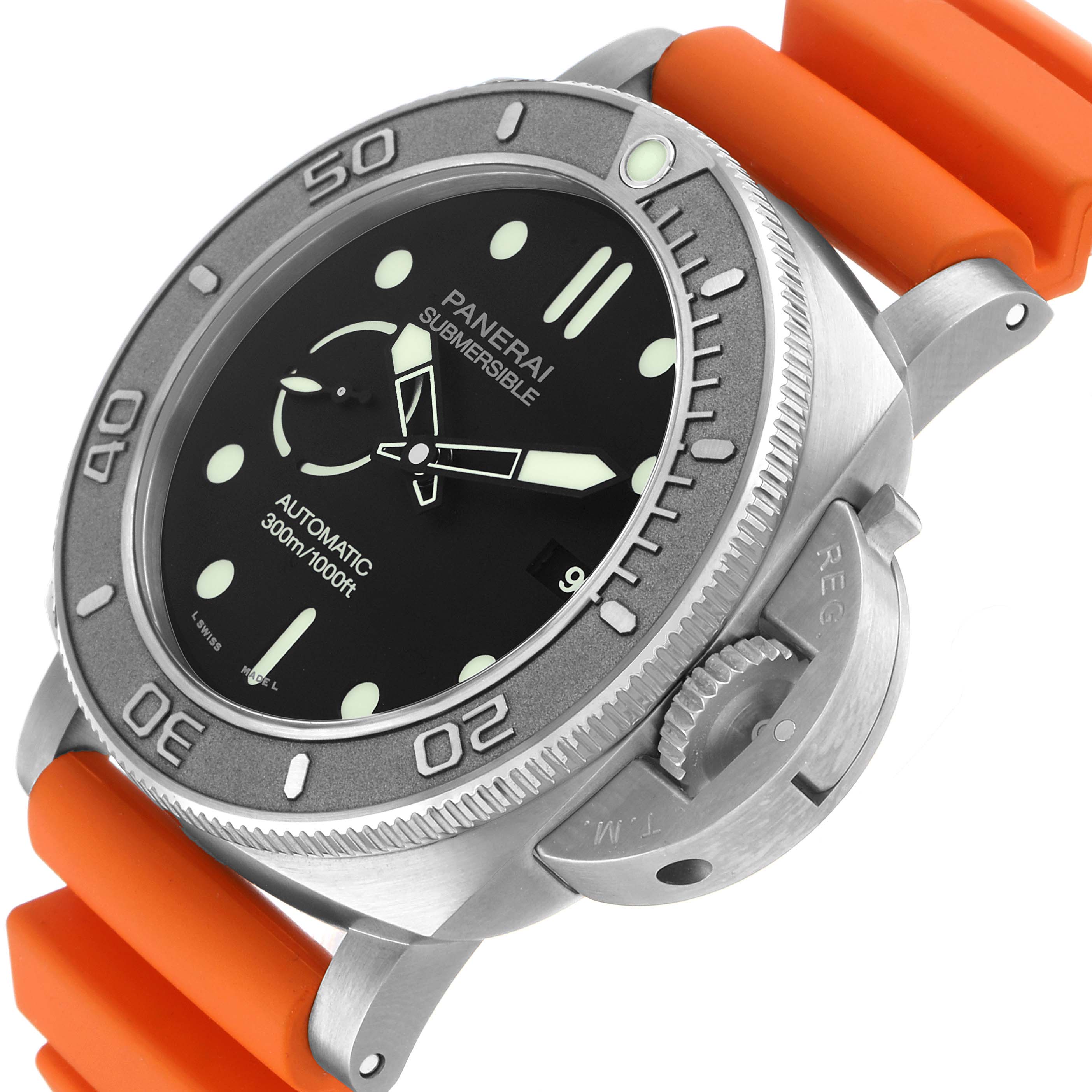 The Panerai Submersible PAM00984 Men's Titanium Black Dial watch is shown at a slight angle, highlighting the bezel, crown guard, and orange strap.