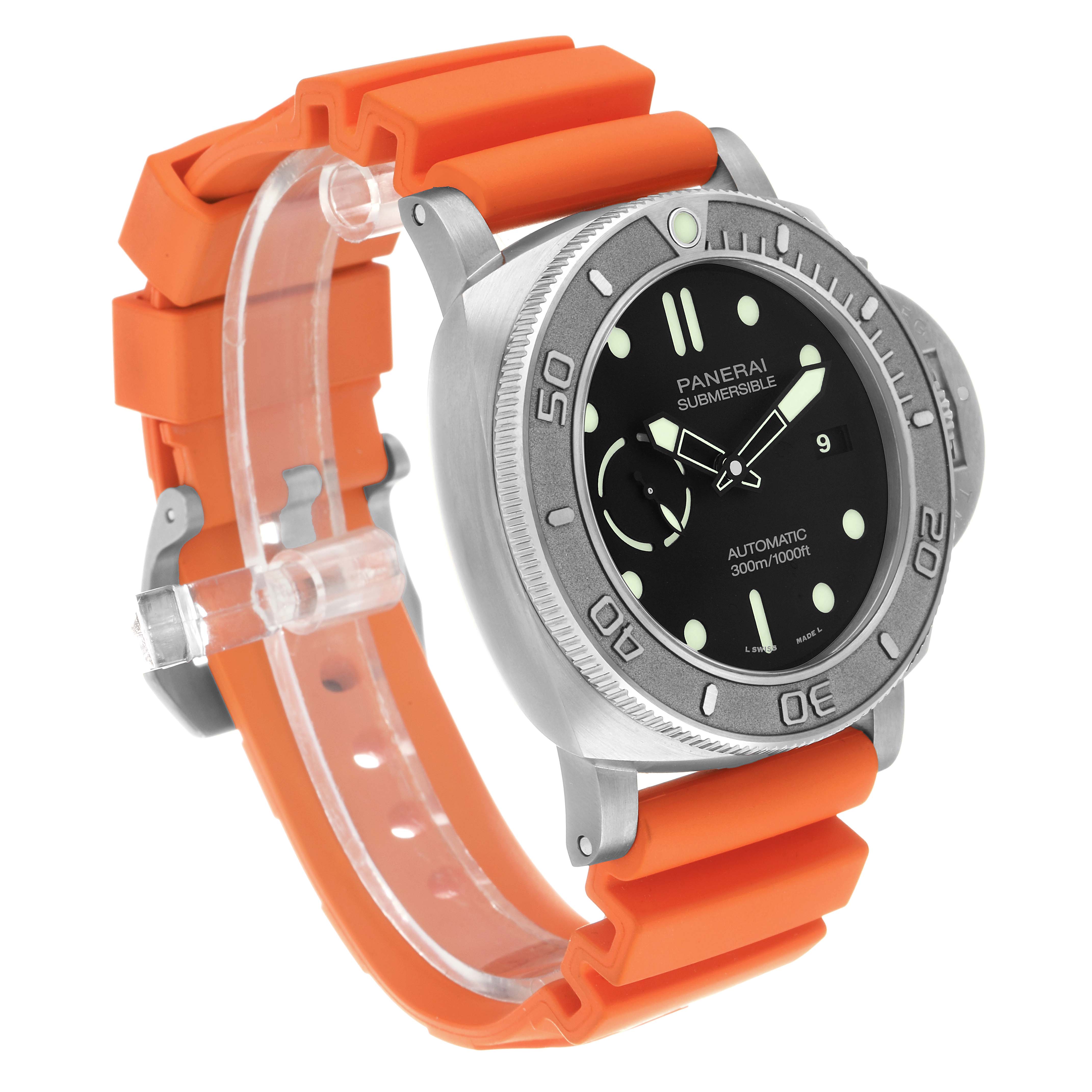 The Panerai Submersible PAM00984 Men's Titanium Black Dial watch is shown at an angle displaying the face, bezel, and orange strap.